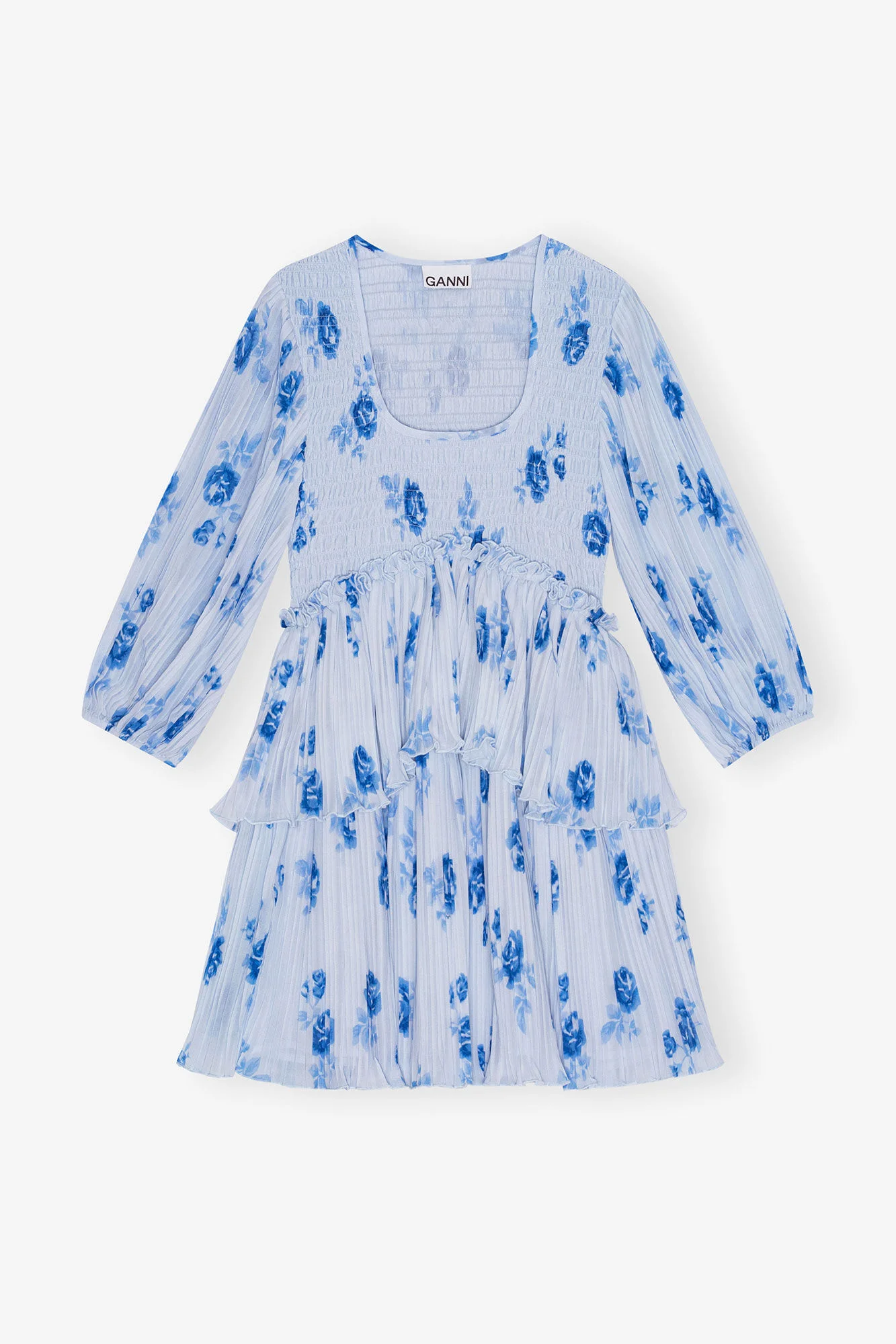 BLUE PLEATED GEORGETTE FLOUNCE SMOCK MINI DRESS - 1