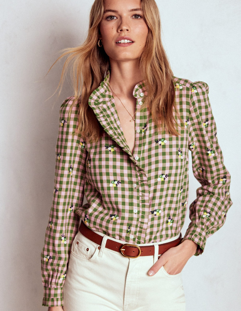 Helena Brushed Cotton Top-Green and Pink Floral Check 5