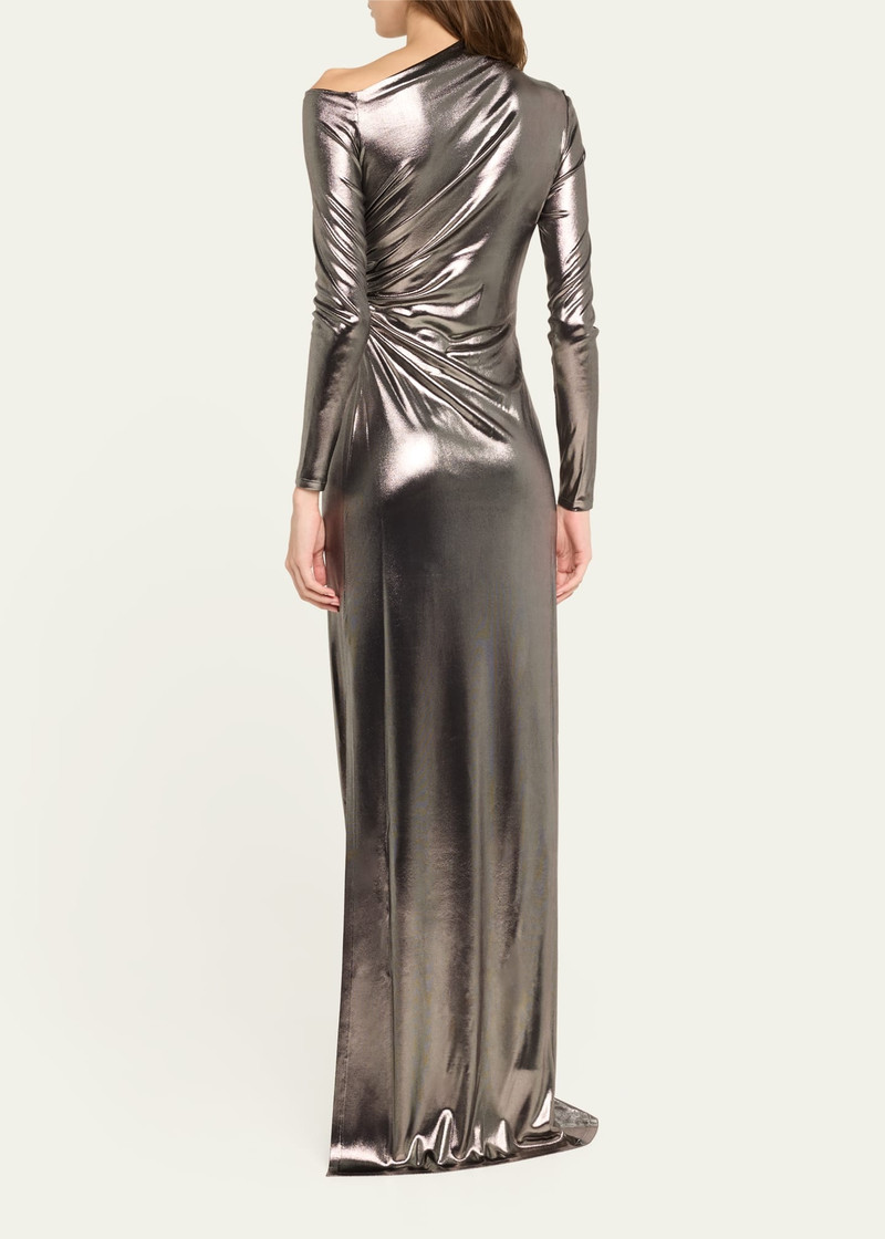 Metallic Long-Sleeve Ruched Gown 3