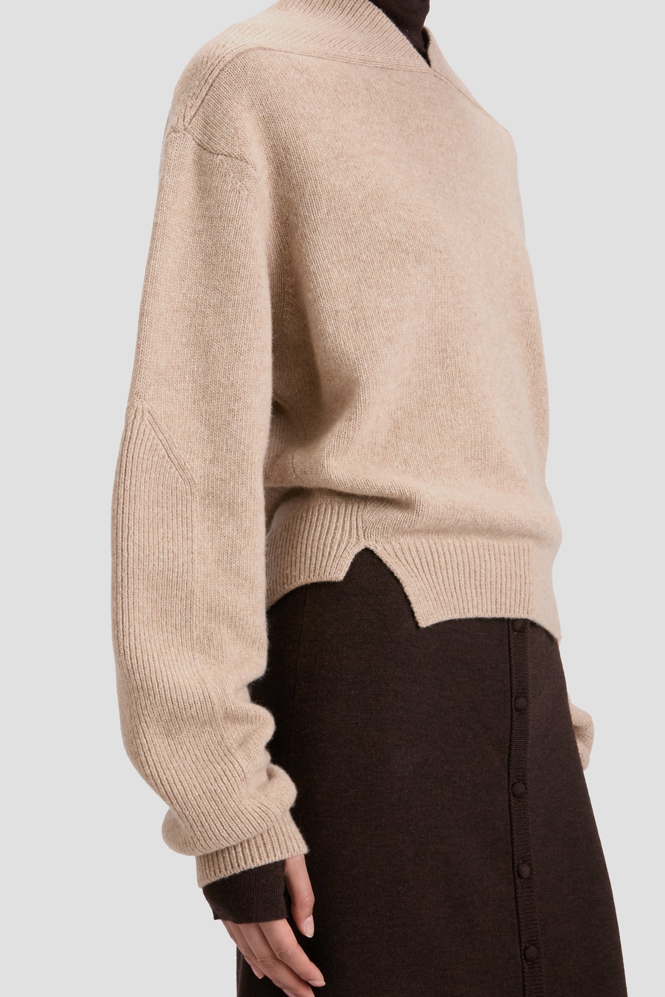 V-Neck Yoke Detail Jumper In Sand - 4