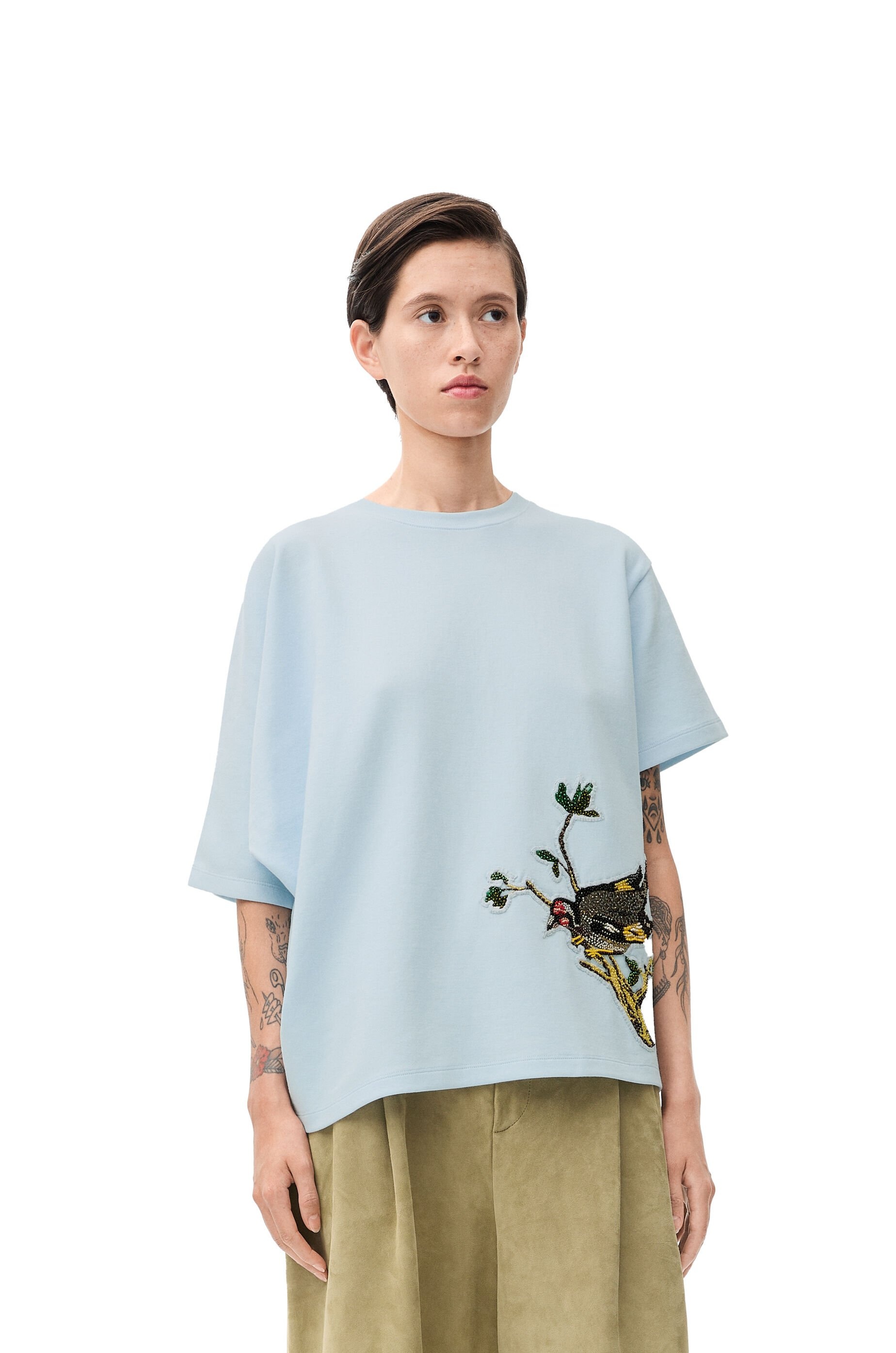 Embroidered draped T-shirt in cotton blend - 3