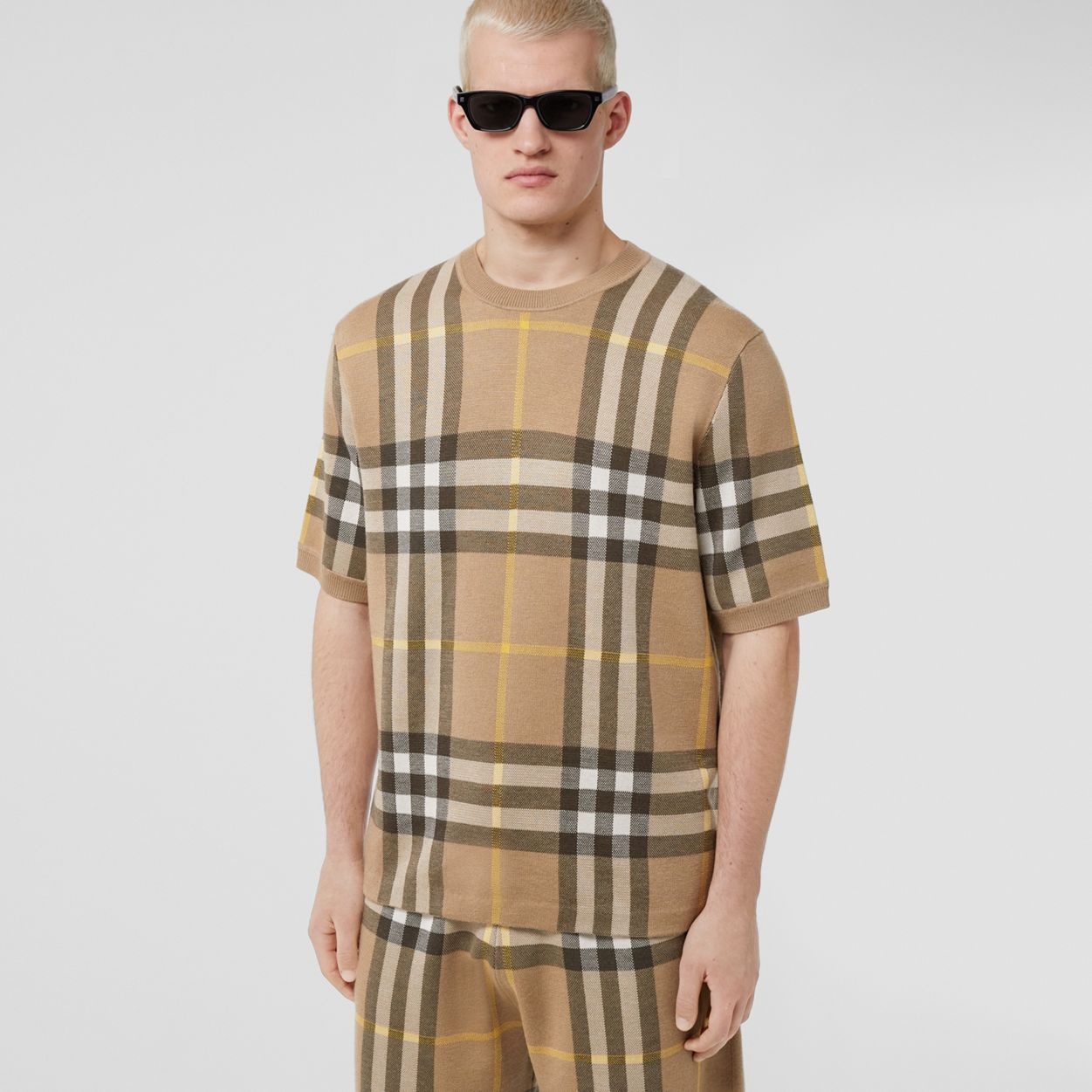 Short-sleeve Check Silk Wool Jacquard Top - 6