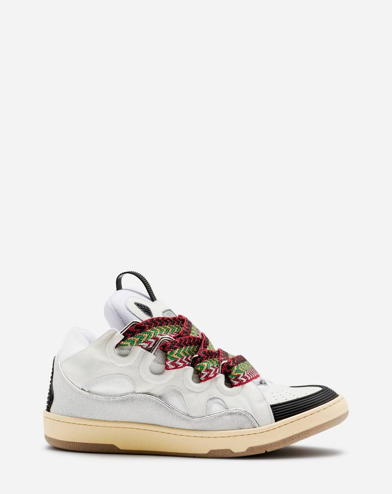 LEATHER AND GLITTER TECHNICAL MATERIAL CURB SNEAKERS - 1