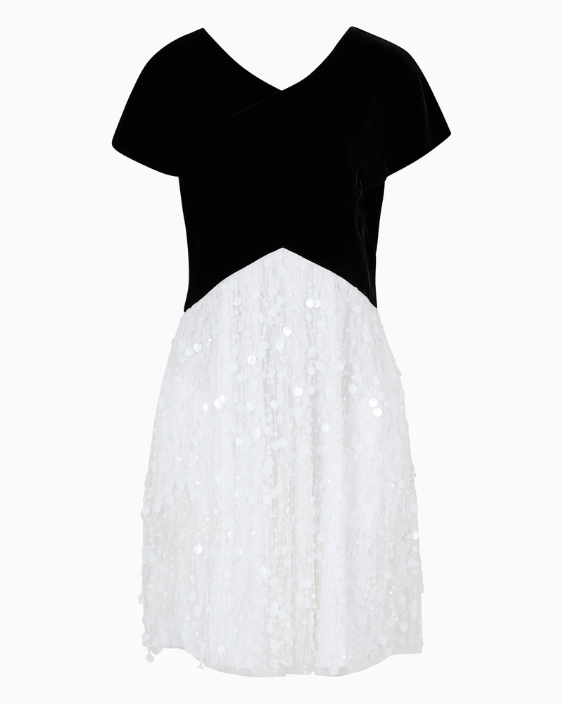Dress with velvet top and skirt with hand-embroidered sequin fringe 1