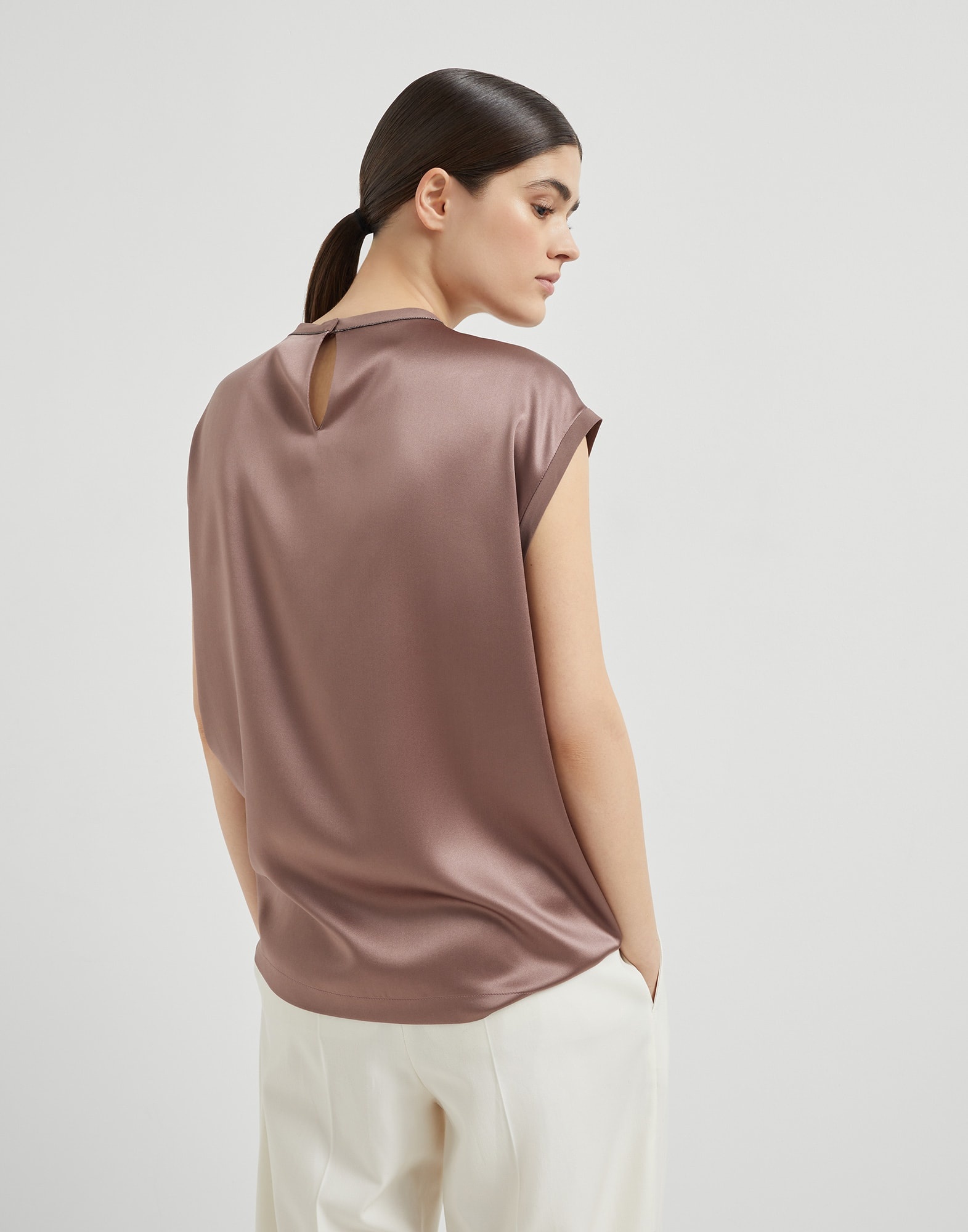 Stretch silk satin T-shirt with monili - 2