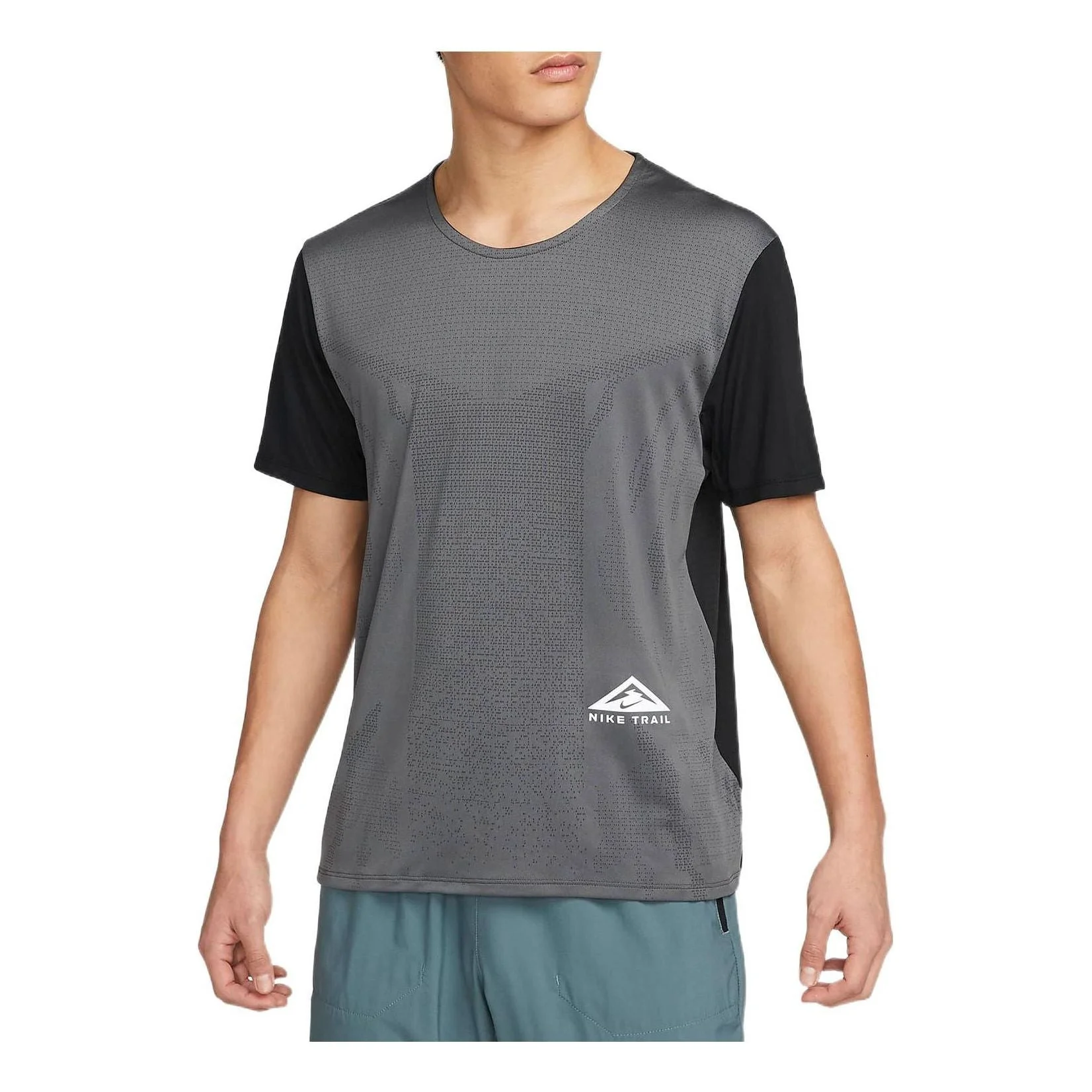 Men's Nike Colorblock Running Sports Training Breathable Round Neck Short Sleeve Black Gray T-Shirt - 1