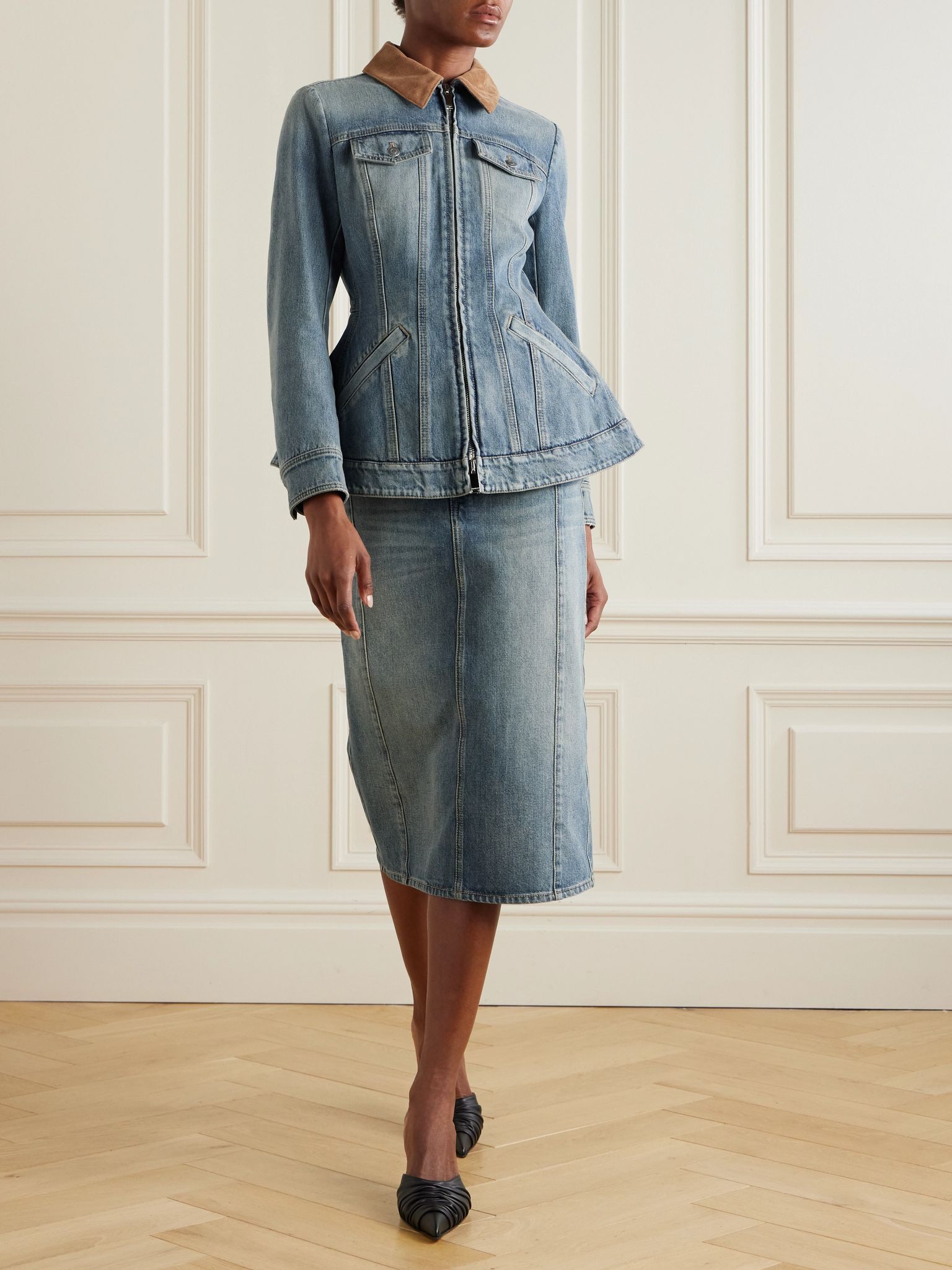 Corduroy-trimmed denim peplum jacket Indigo - 2