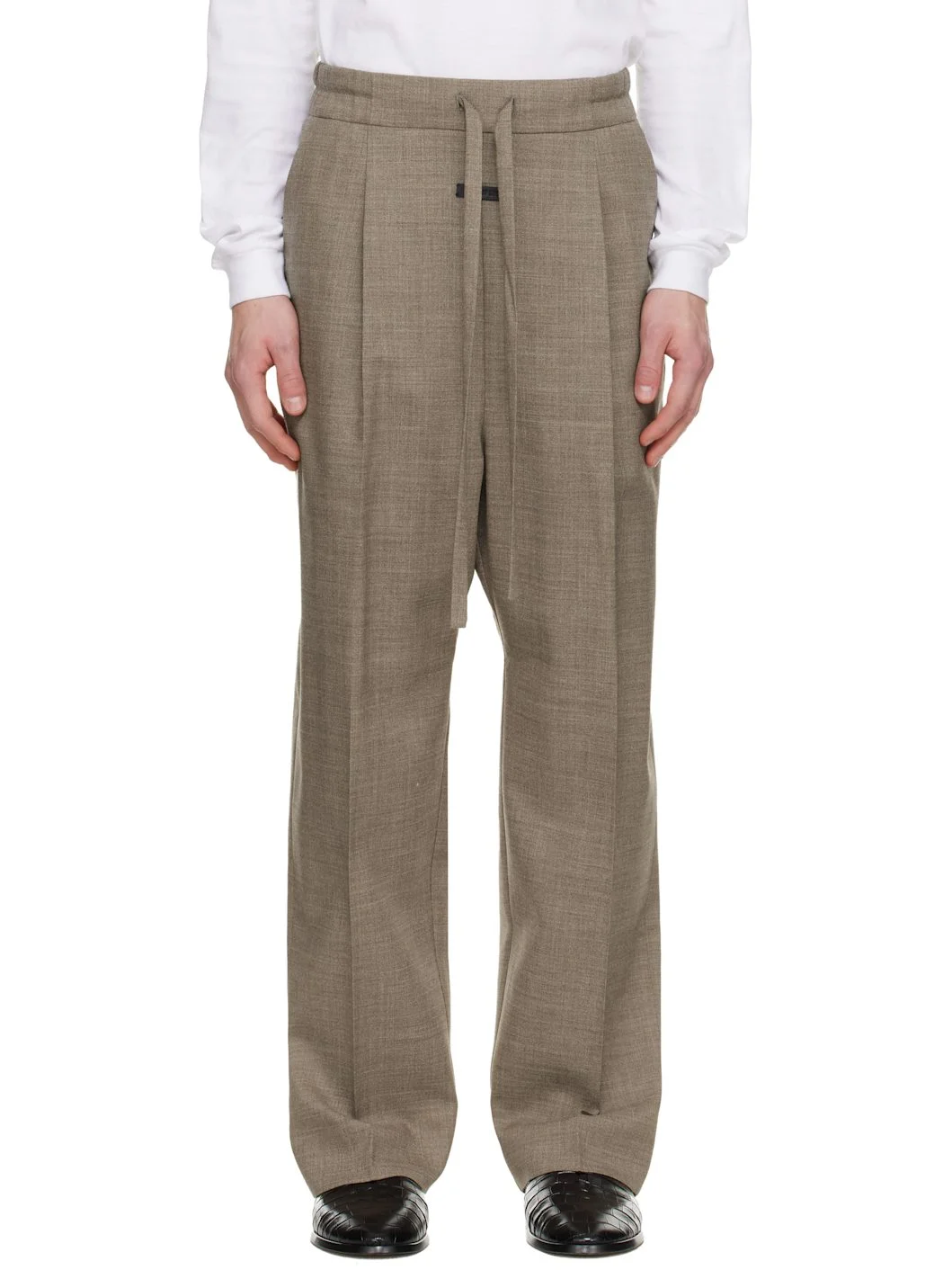 Beige Virgin Wool Drawstring Straight Trousers - 1