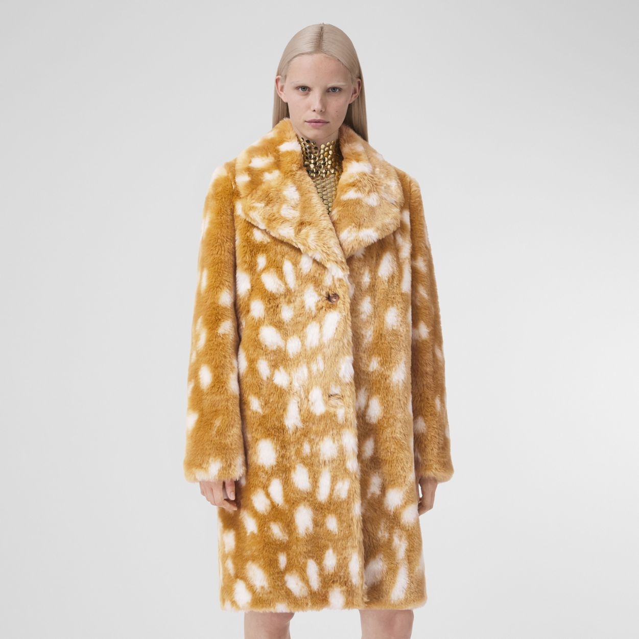 Deer Print Faux Fur Pea Coat - 6