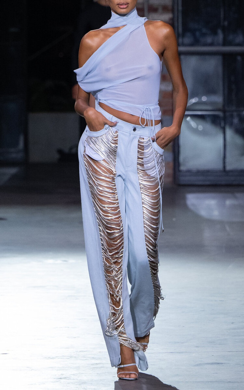 LaQuan Smith Scarf-Detailed Silk Top blue outlook