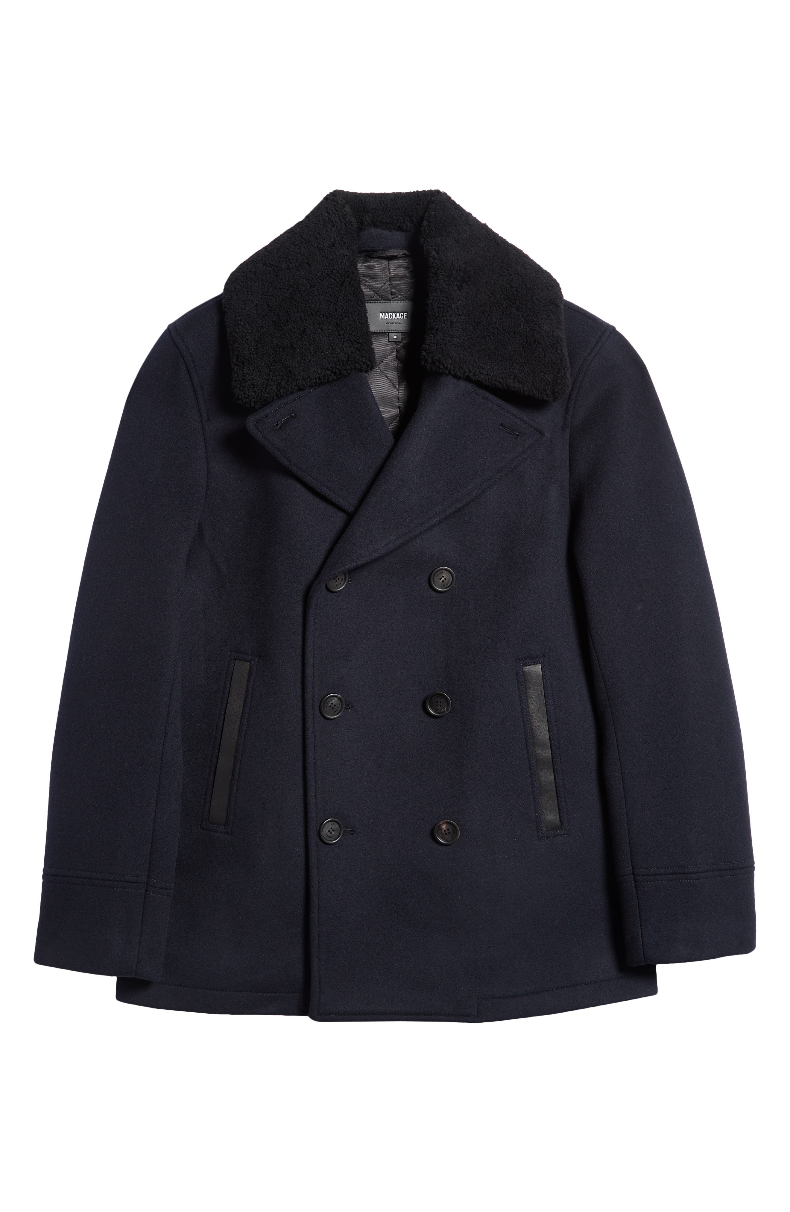 Mackage Cole Wool Peacoat with Genuine Shearling Collar in Navy at Nordstrom - 6