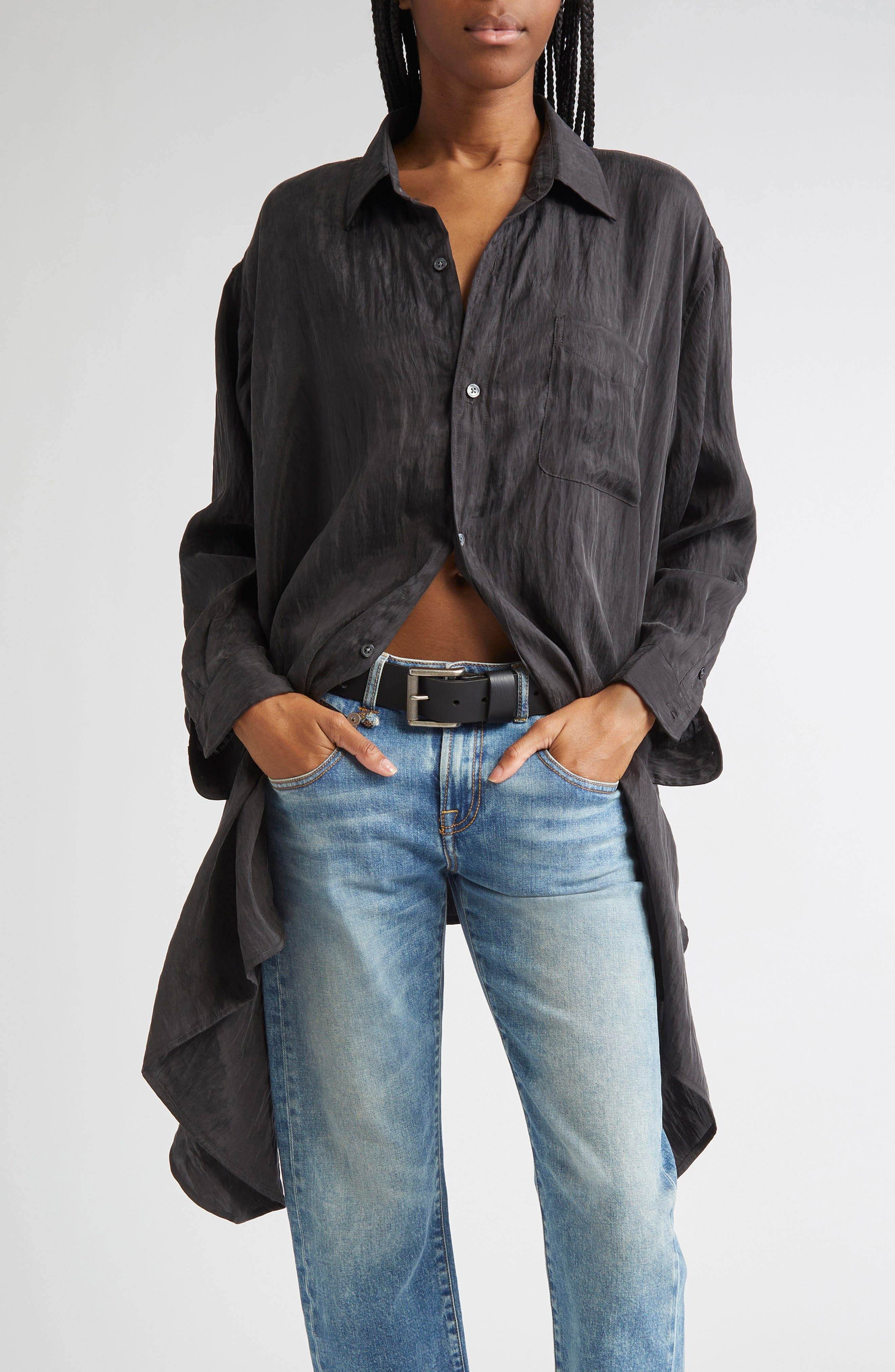 R13 Draped Front Button-Up Shirt in Black at Nordstrom - 1