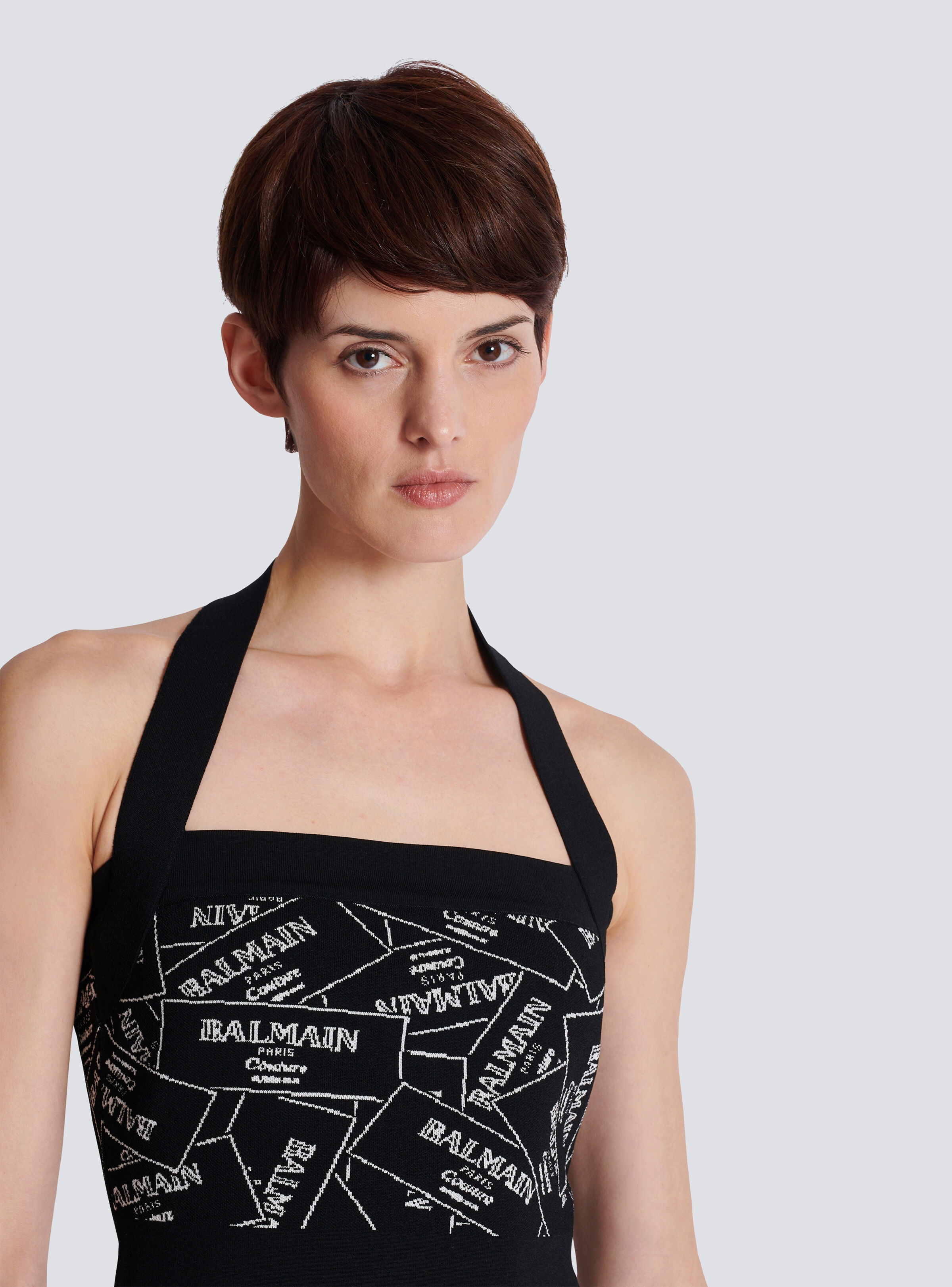 Knit halterneck top with Balmain label motif - 7