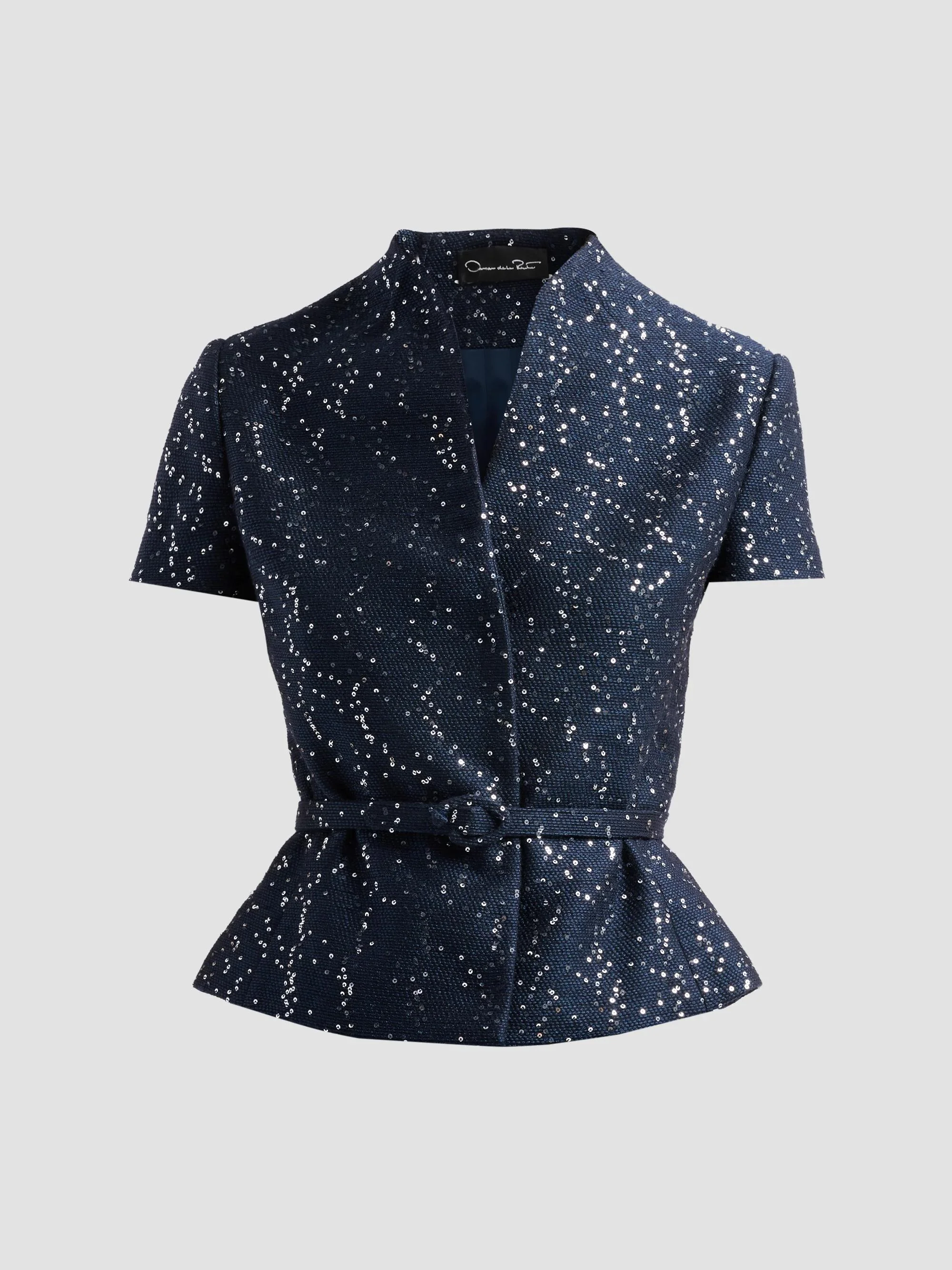 Women's Sequin Tweed Short-Sleeve Jacket - Navy - 1