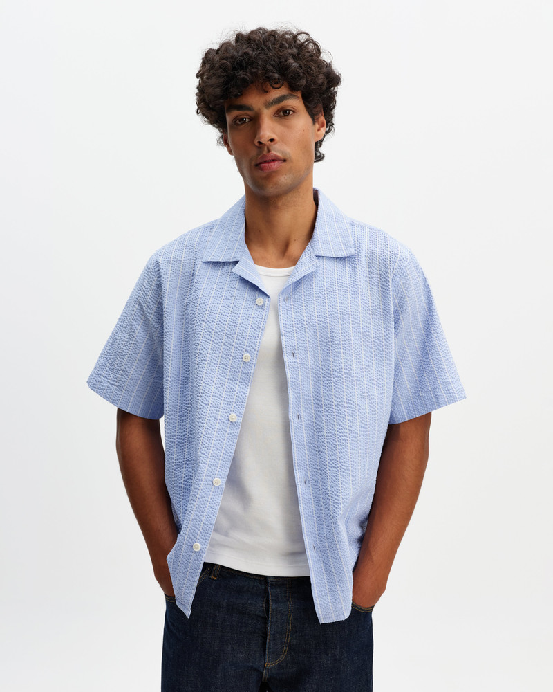Wax London Didcot - Blue And Ecru Seersucker Stripe Short-Sleeve Shirt outlook