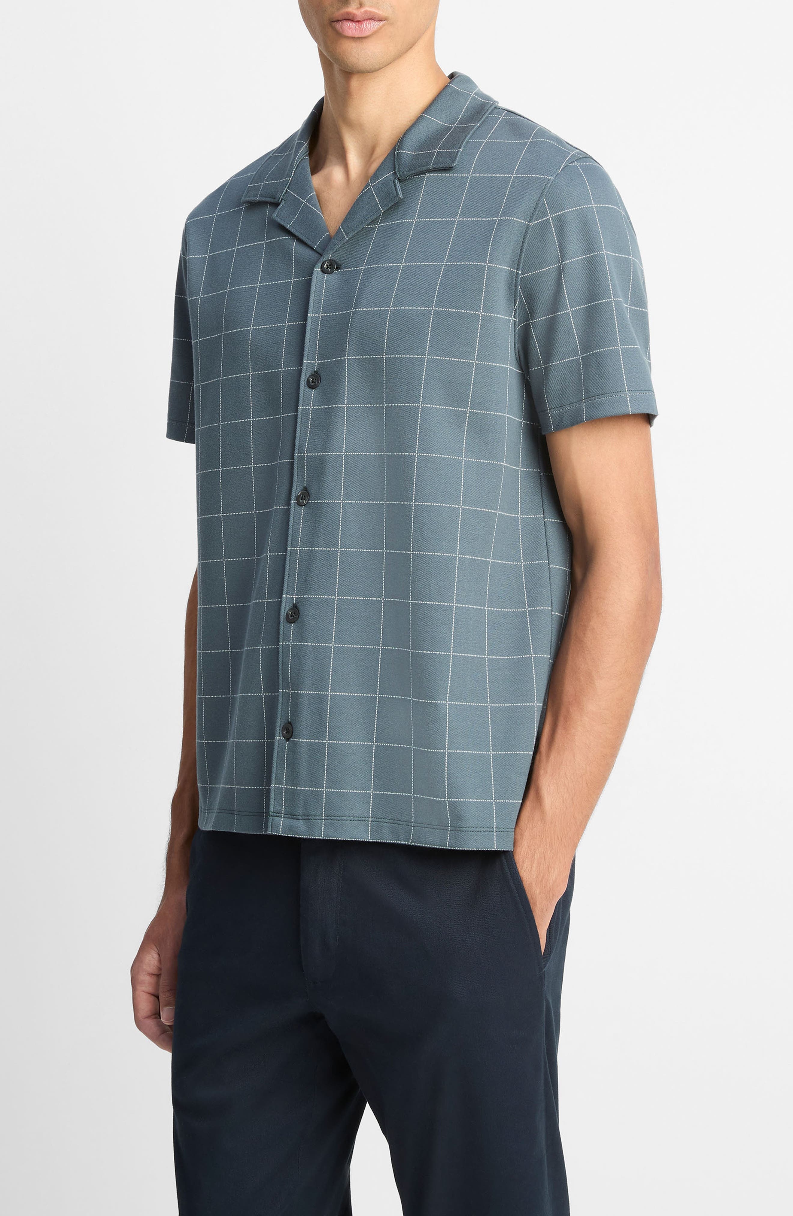 Vince Windowpane Check Cotton Blend Camp Shirt in Dark Harbor Blue/Off White at Nordstrom - 3