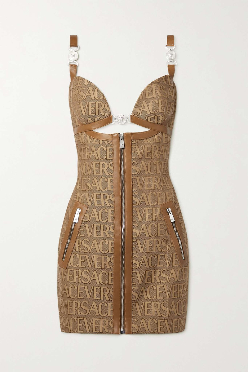 Embellished leather-trimmed cutout canvas-jacquard mini dress - 1