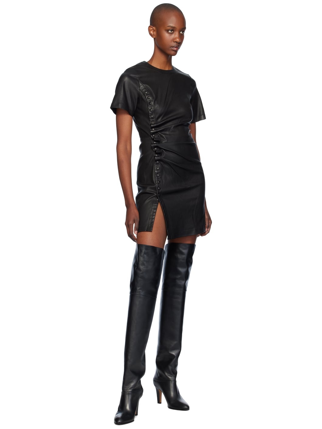 Black Gathered Leather Minidress - 4