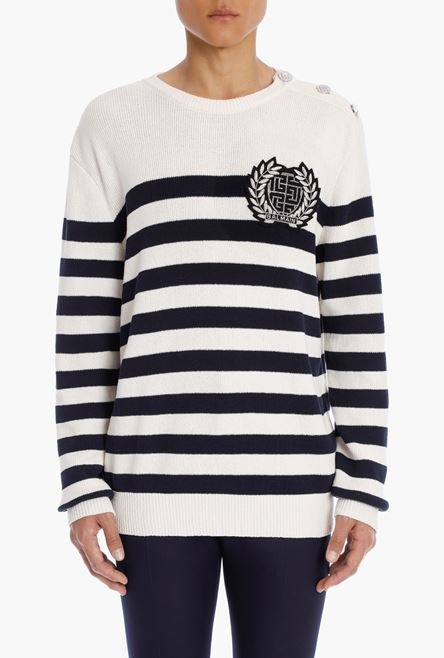 Ecru and black cotton nautical sweater with embroidered Balmain badge - 5