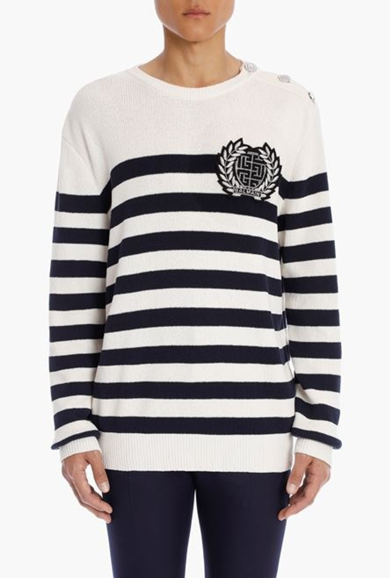 Ecru and black cotton nautical sweater with embroidered Balmain badge 5