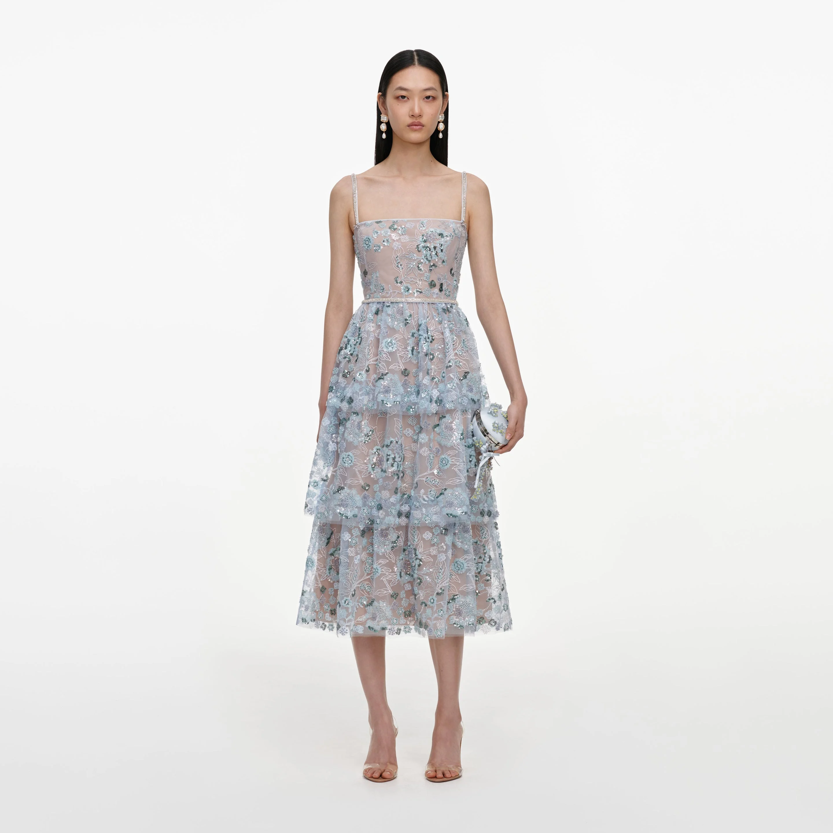Blue Sequin Embellished Tiered Midi Dress - 1