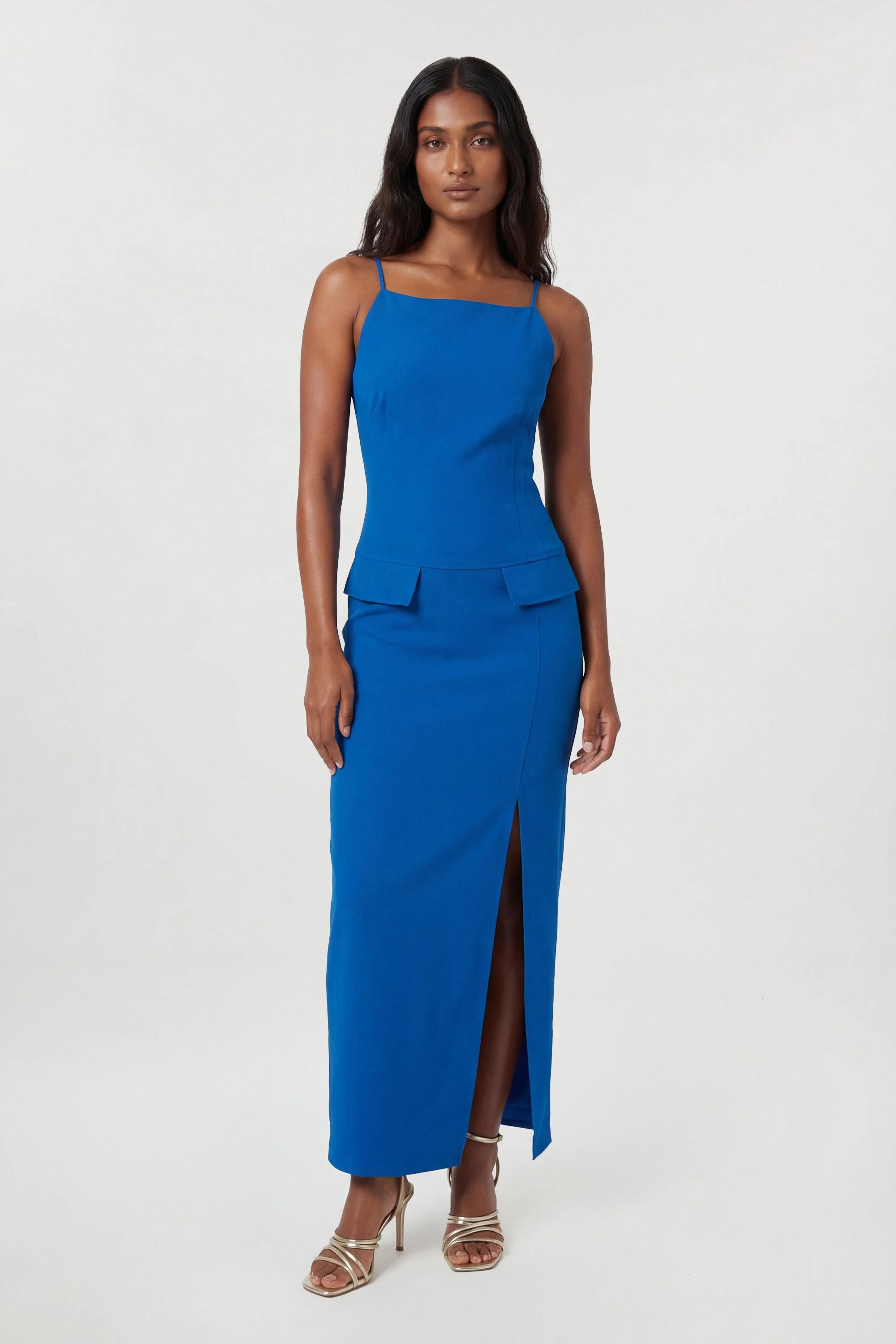 Compact Stretch Stab Stitch Square Neck Tailored Pencil Maxi Dress - 1