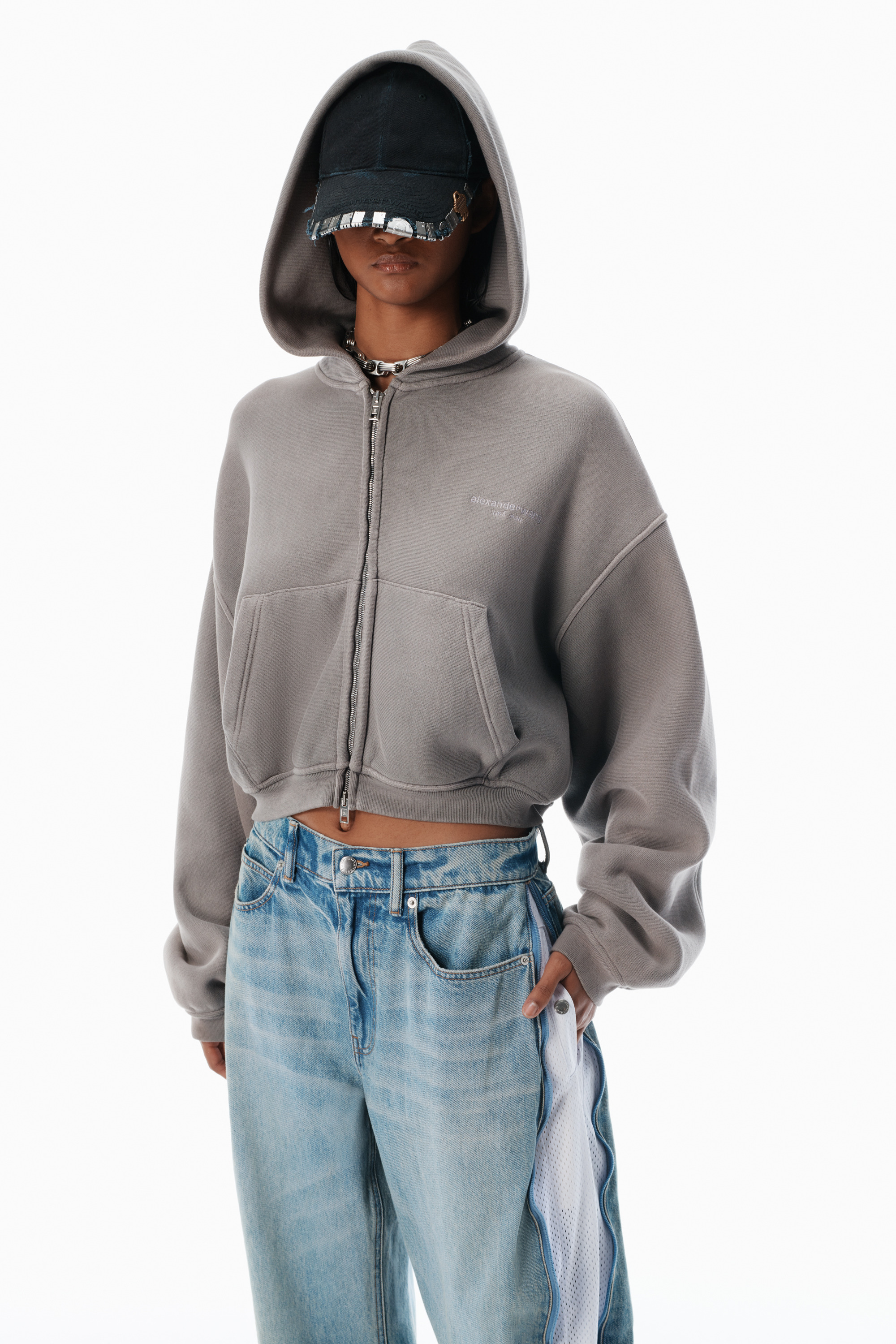 bleach blue curved zipper pants - 6