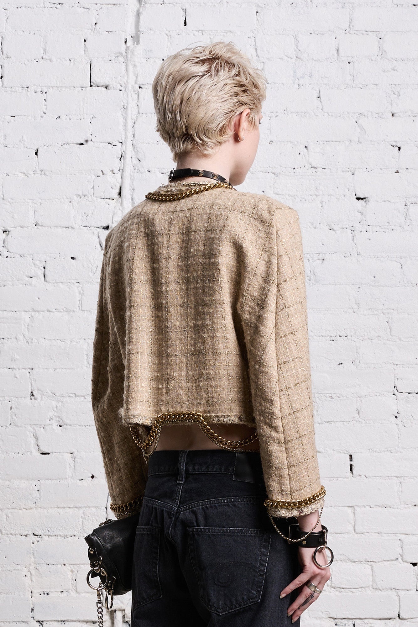 SQUARE SHOULDER TWEED JACKET - BEIGE - 6