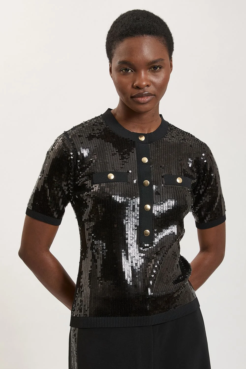 Sequin Collar Detail Knit Sweater - 1