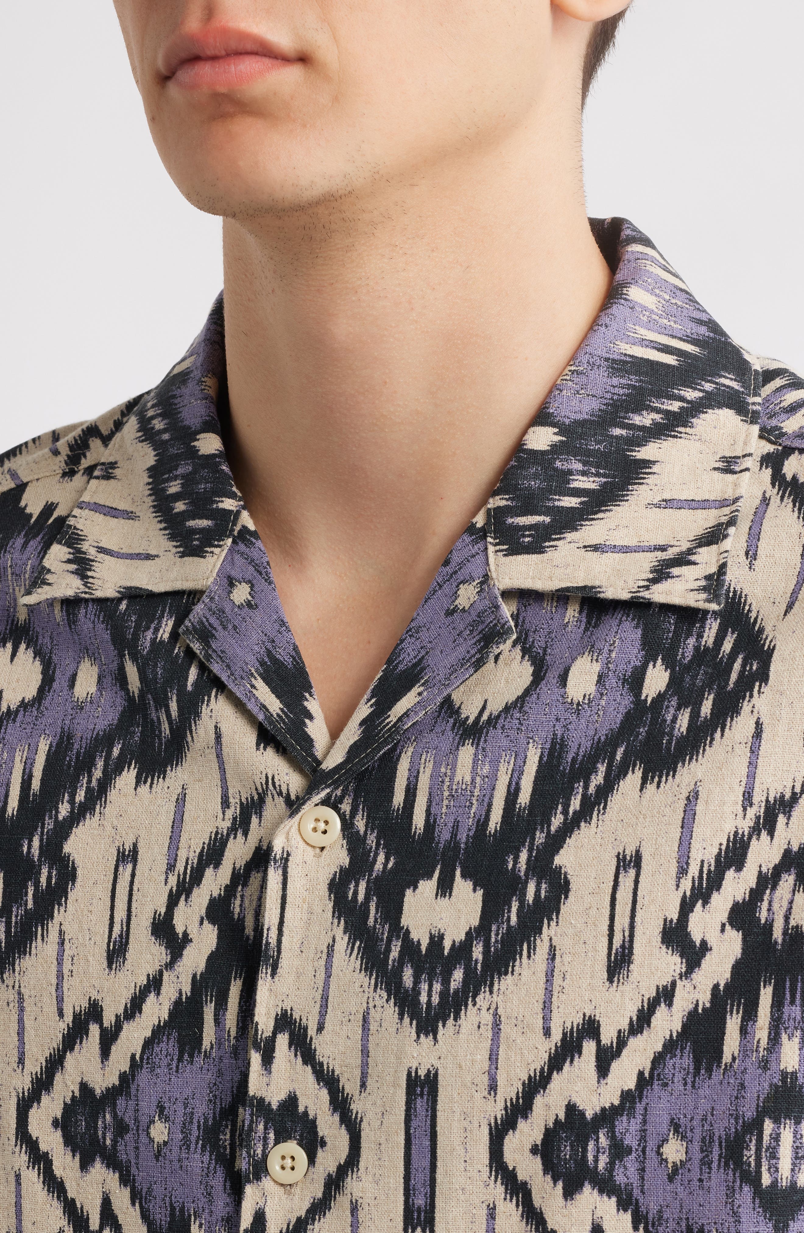 NN07 Julio Ikat Print Linen & Cotton Camp Shirt in Violet at Nordstrom - 2