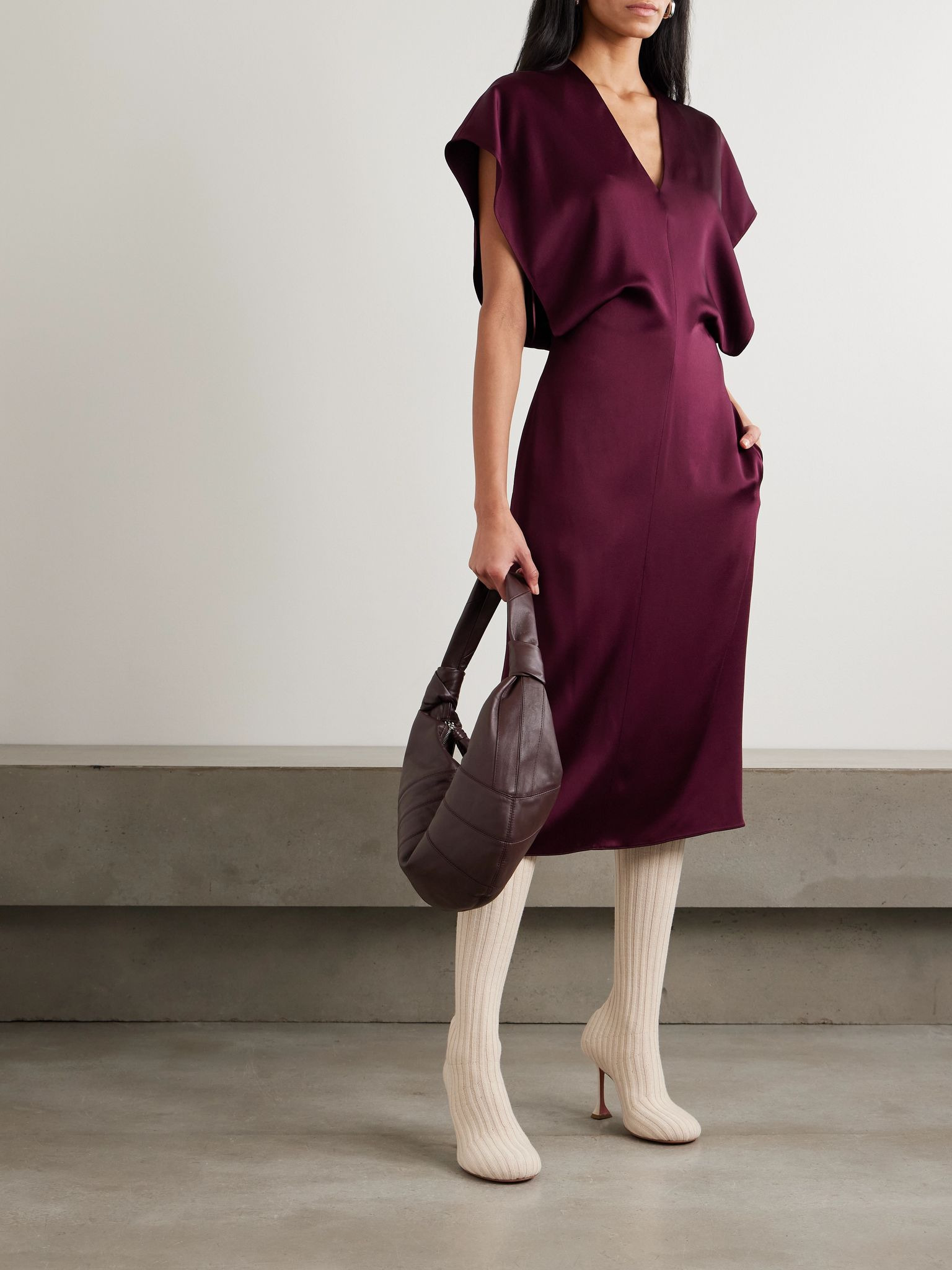Draped satin midi dress Burgundy - 2
