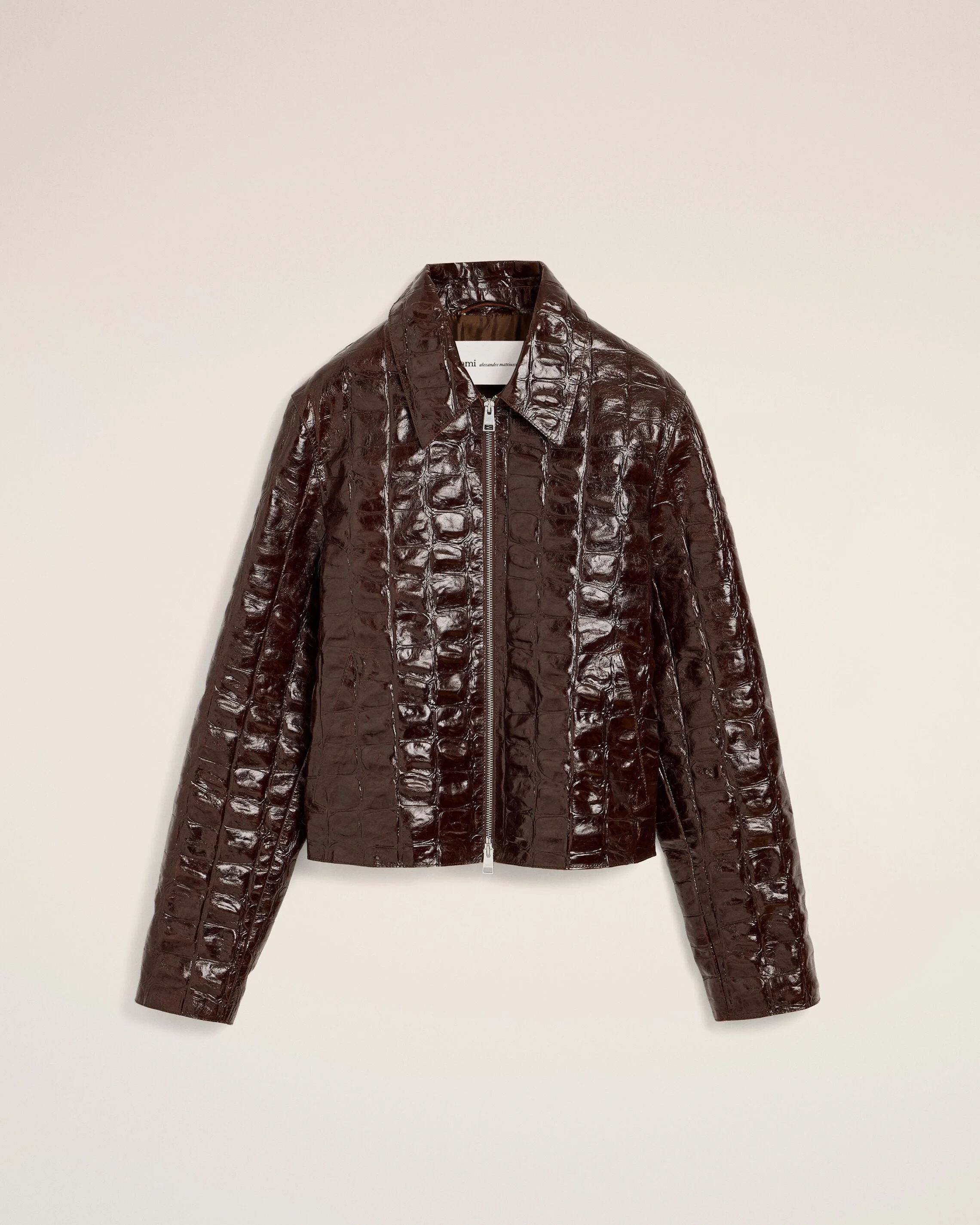 BURGUNDY CROCODILE EMBOSSED COWHIDE LEATHER ZIPPED JACKET - 1