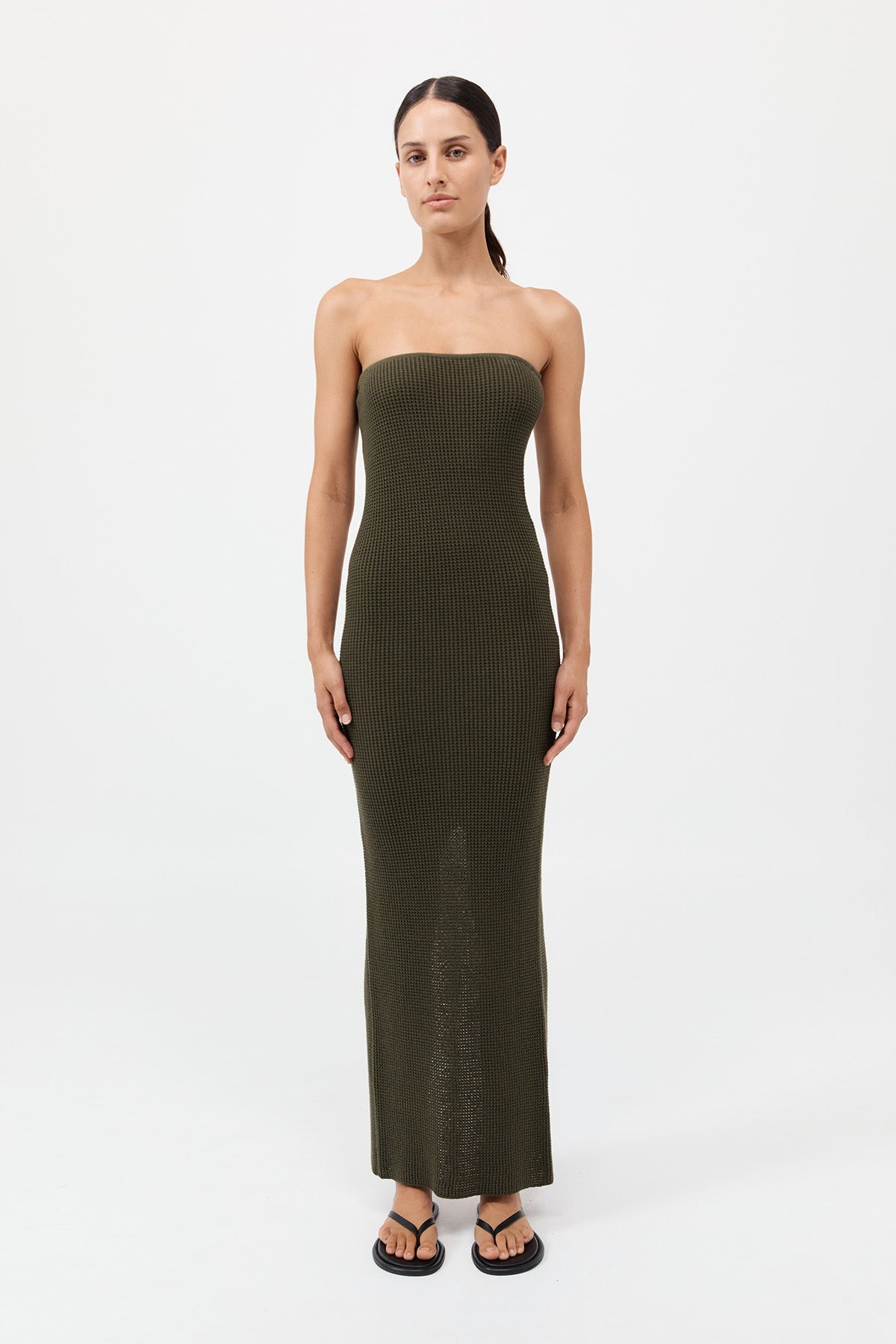 Textured Knit Column Dress - Khaki - 2