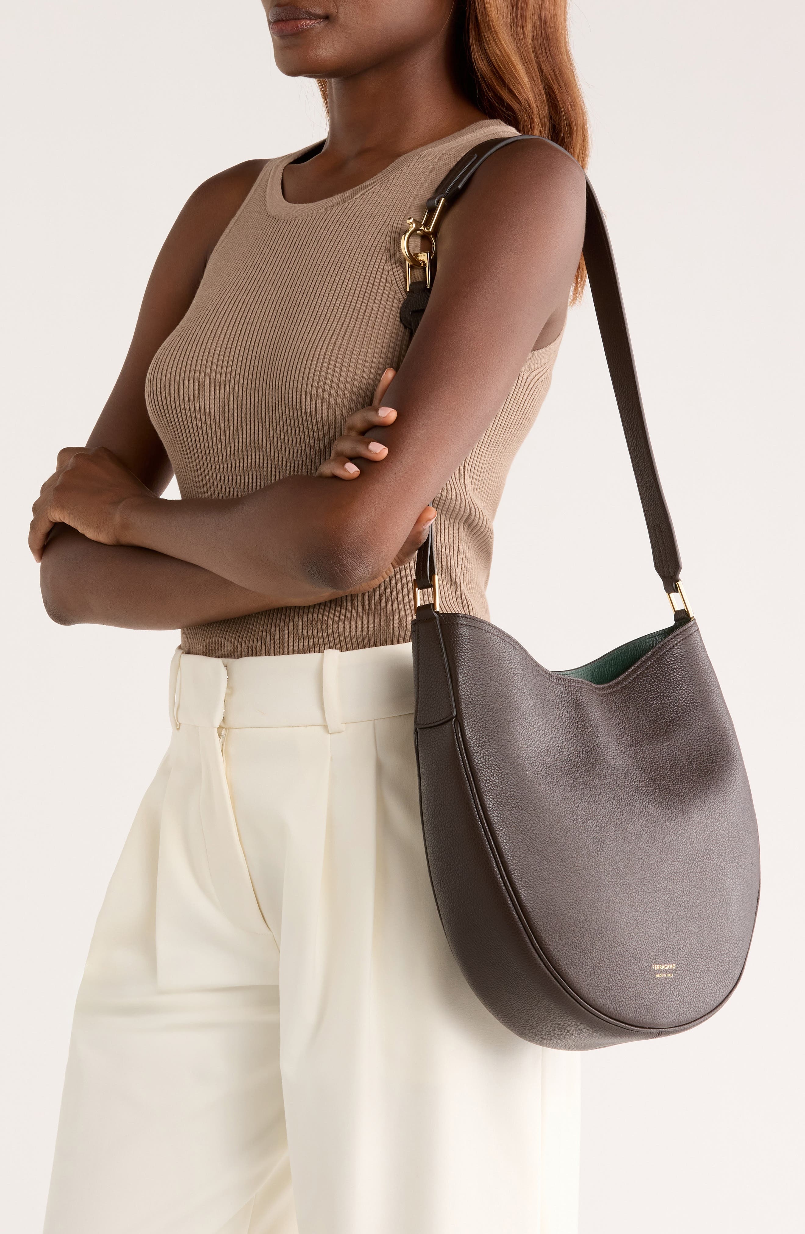 FERRAGAMO Medium Smile Leather Hobo Bag in Testa Di Moro/Moss at Nordstrom - 3