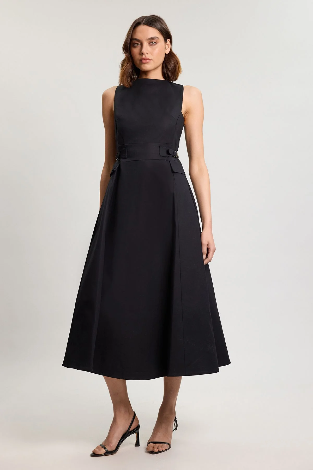 Premium Cotton Tailored Fabric Belted Buckle Midi Dress - 1