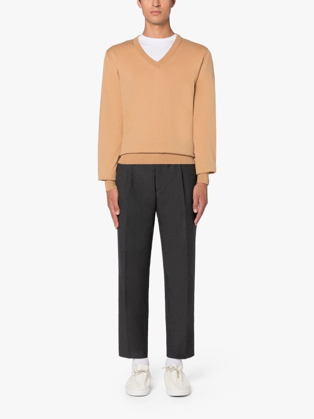 DEEP V NECK BEIGE COTTON SWEATER - 2