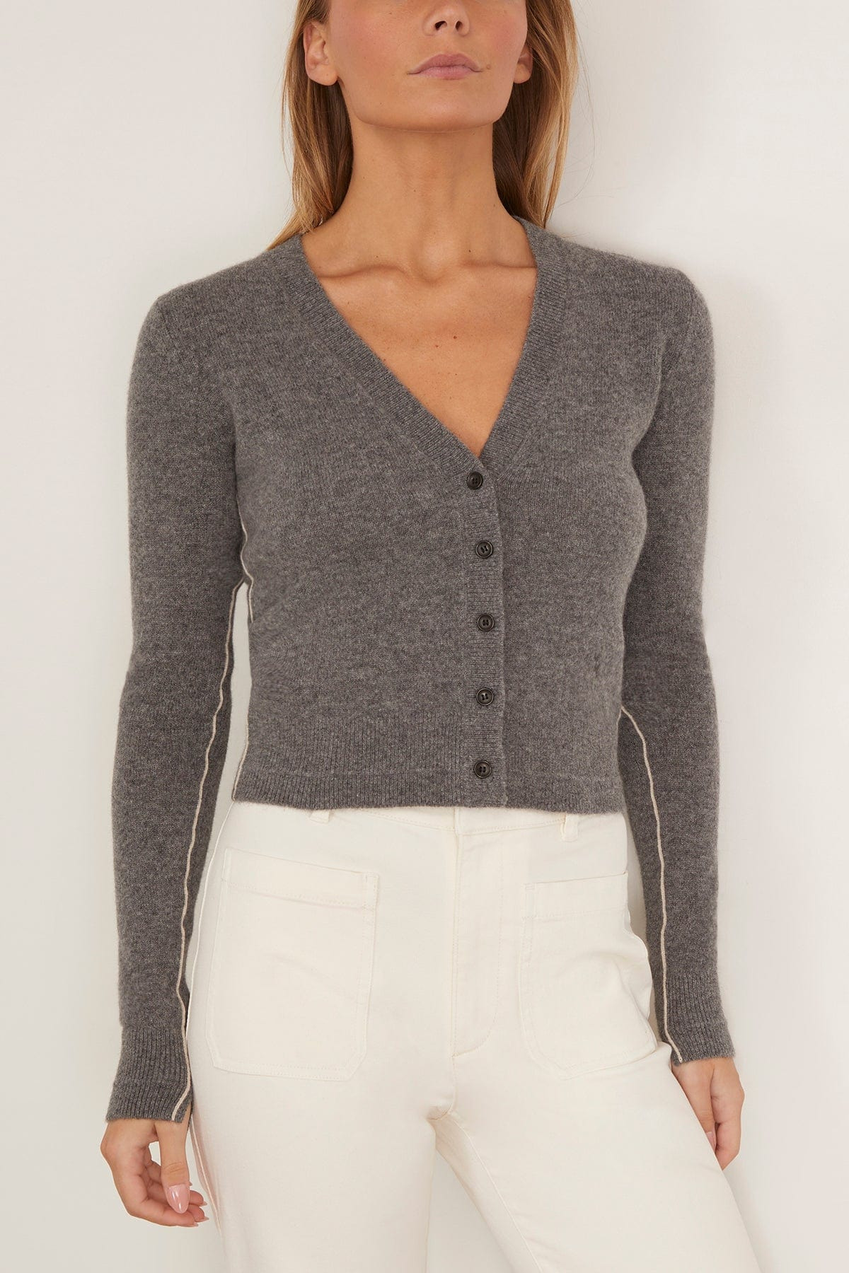 Shrunken V Cardigan in Medium Heather Grey - 3