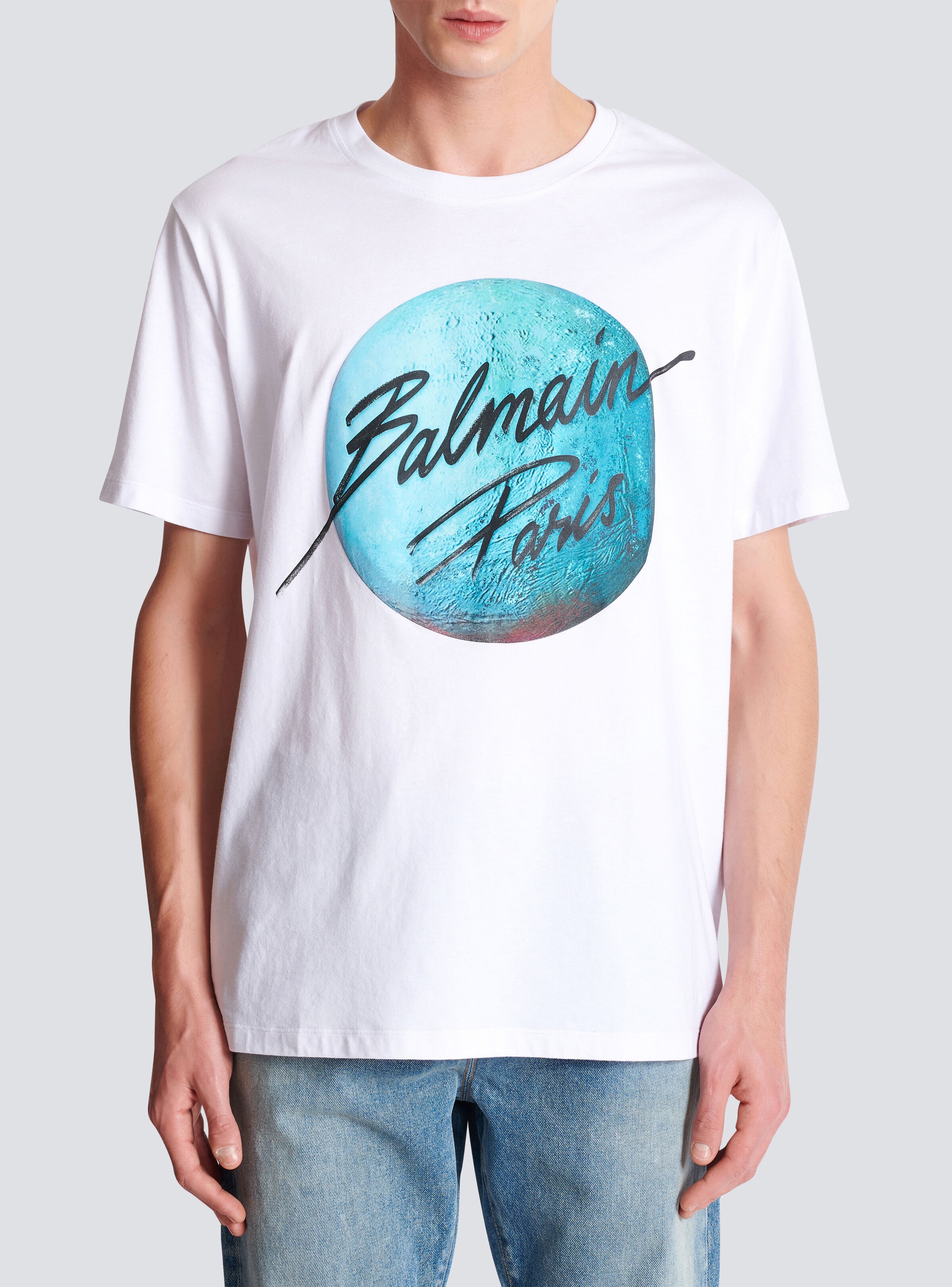 Printed Balmain Paris logo and planet T-shirt - 5