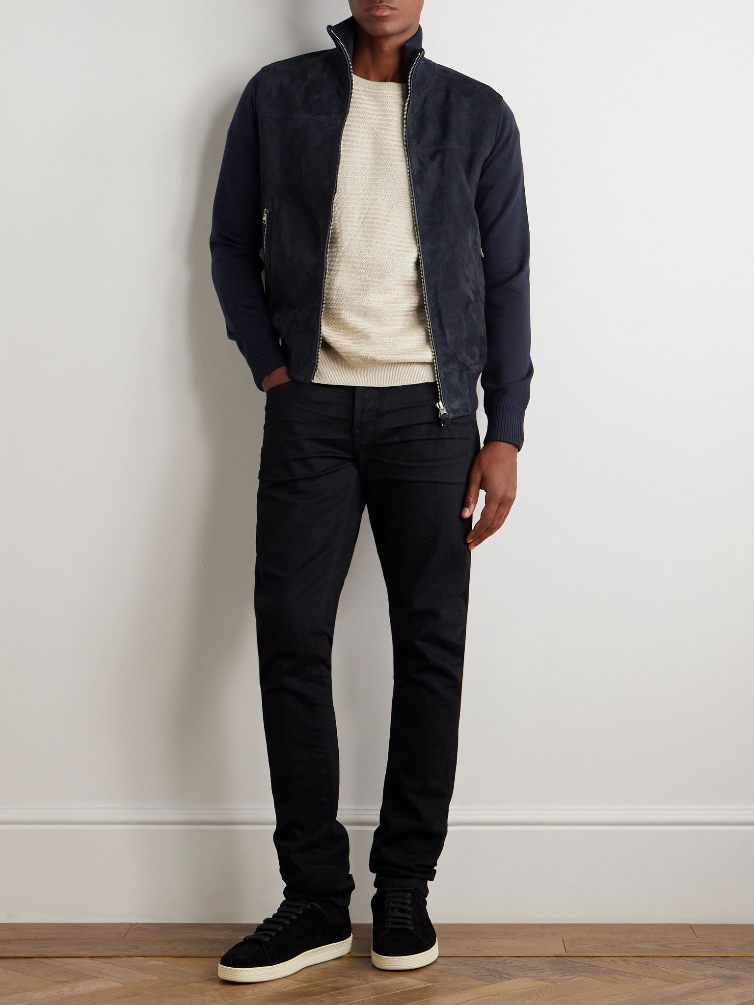 Slim-Fit Suede and Merino Wool and Cashmere-Blend Jacket Navy - 2