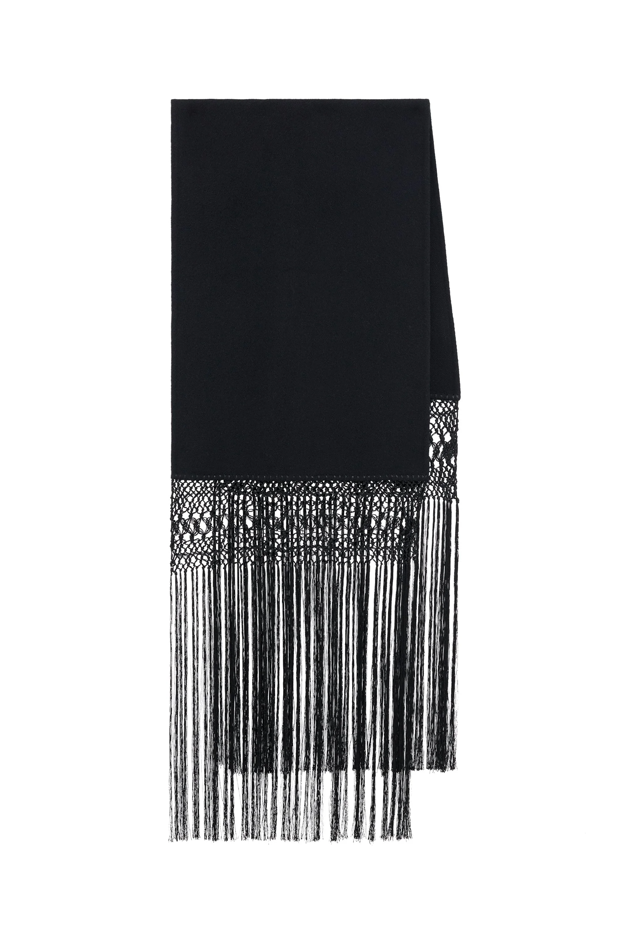 Egret Fringe Scarf in Black Double-face Recycled Cashmere with Silk Macrame - 1