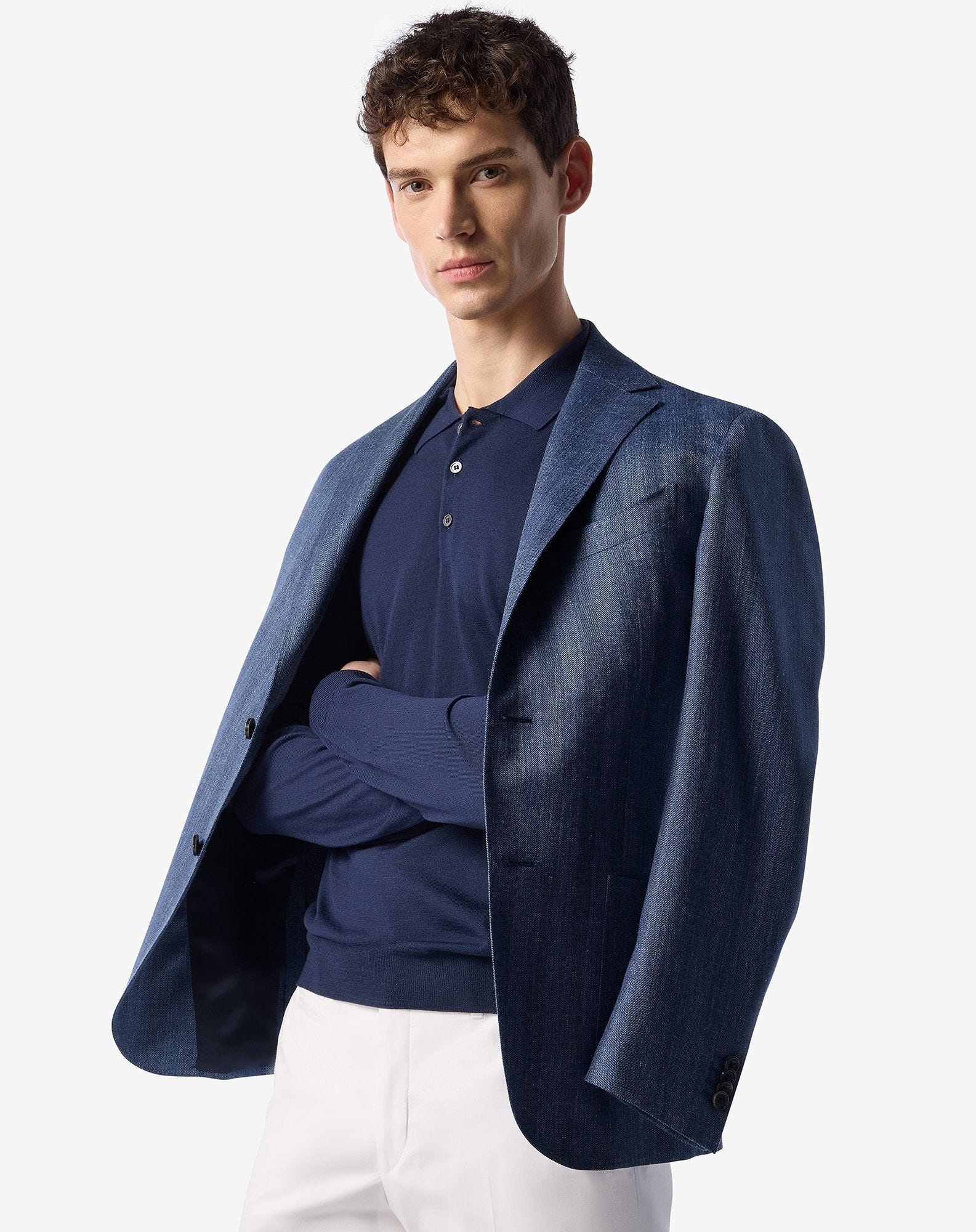 Denim blue wool, silk and linen jacket - 4