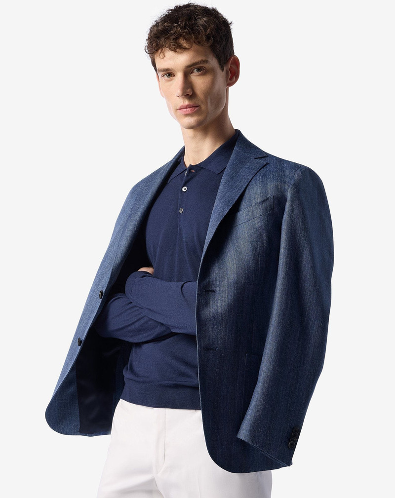 Denim blue wool, silk and linen jacket 4