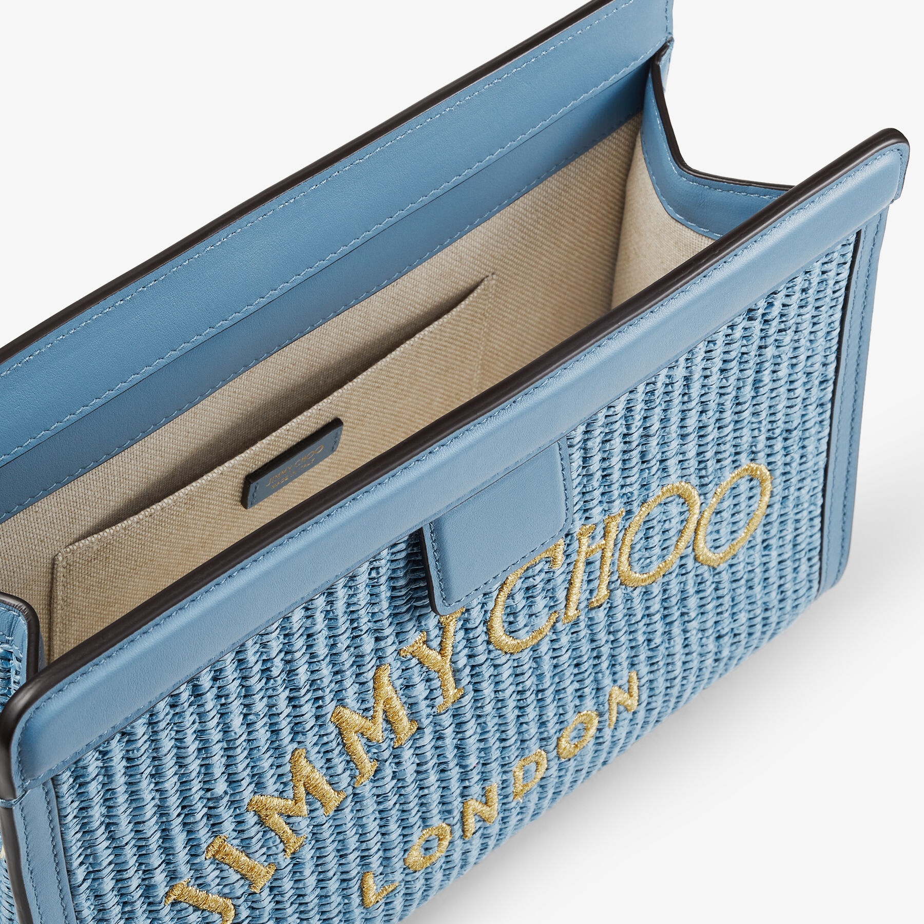 Varenne Pouch
Smoky Blue Raffia and Smooth Leather Pouch with Jimmy Choo Embroidery - 5