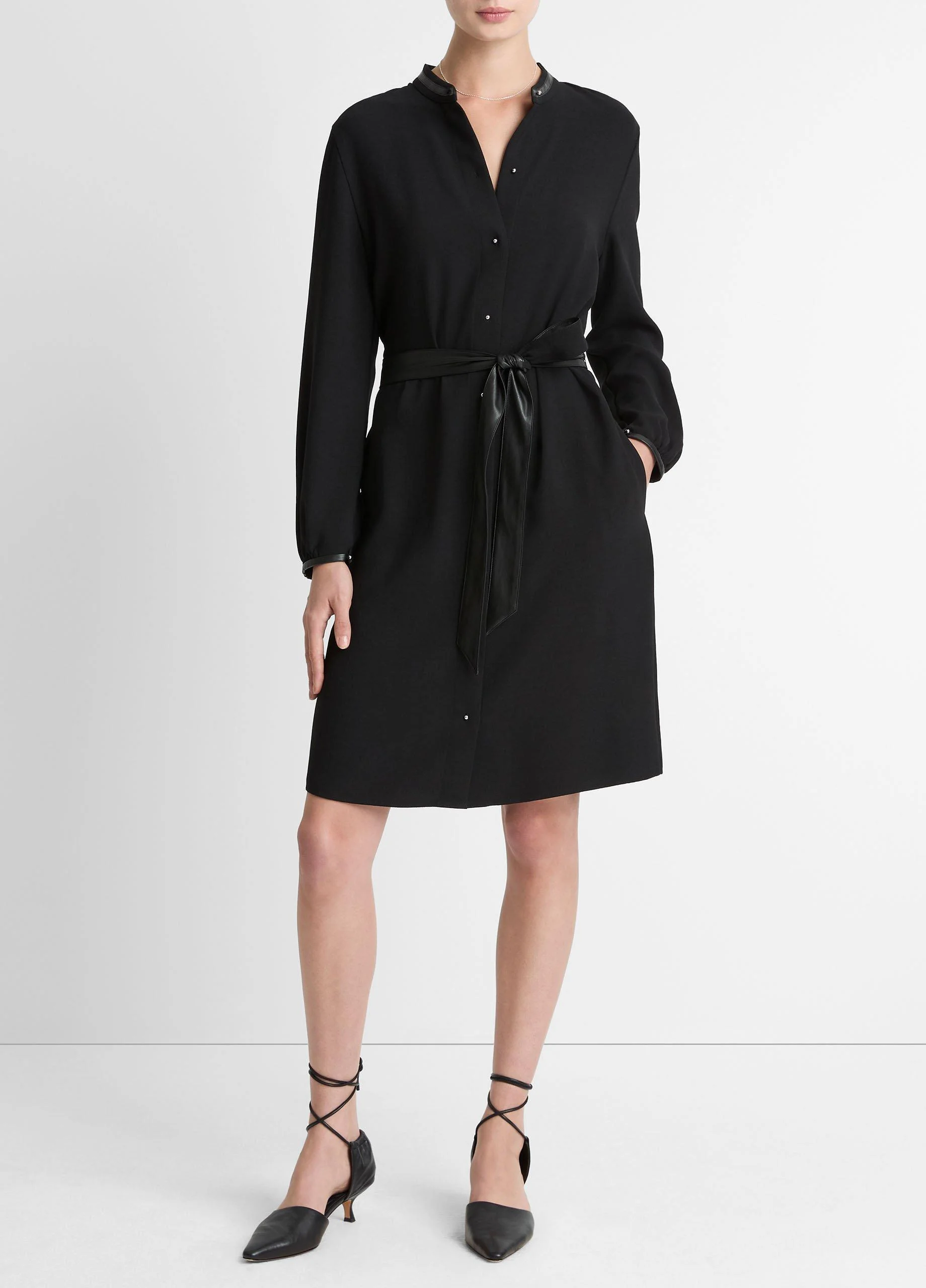 Faux-Leather-Trim Crepe Shirt Dress - 1