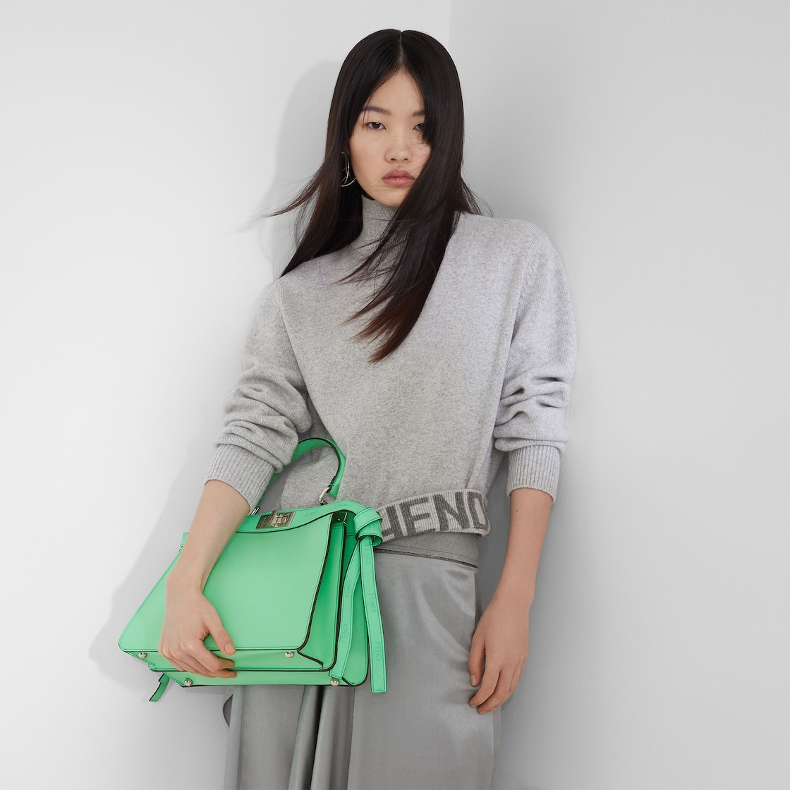 Iconic medium Peekaboo ISeeU bag, made of green leather with long knotted side laces, printed with a - 8