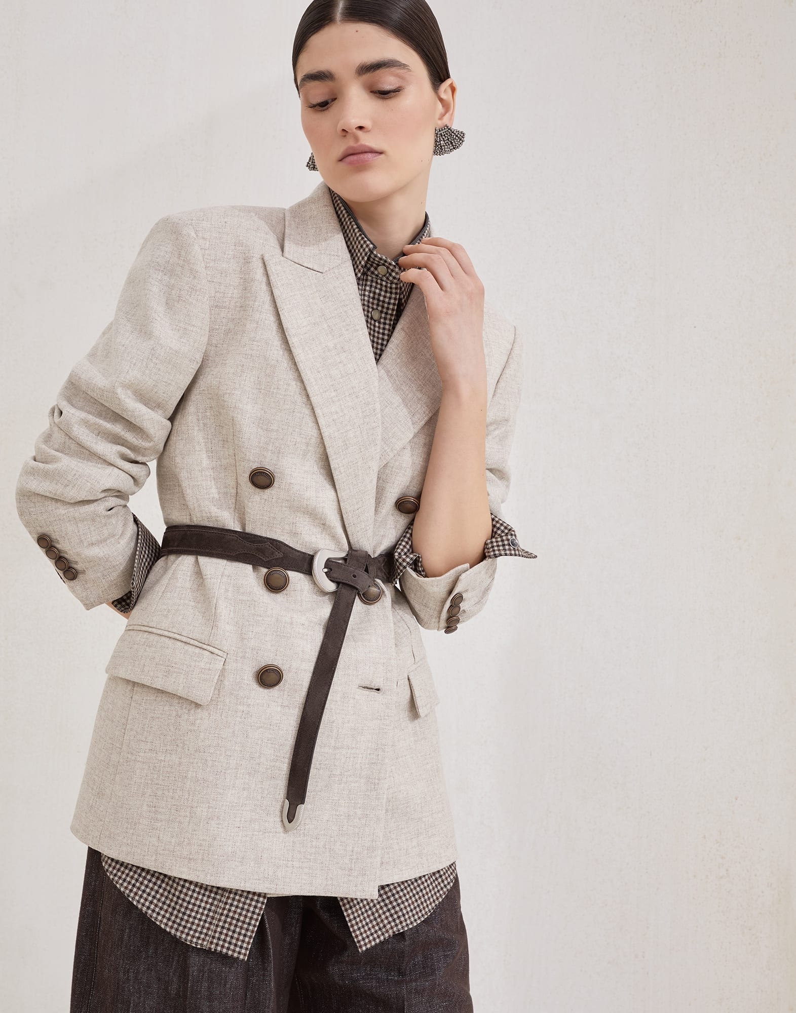 Virgin wool and cashmere twill flannel blazer with monili - 4