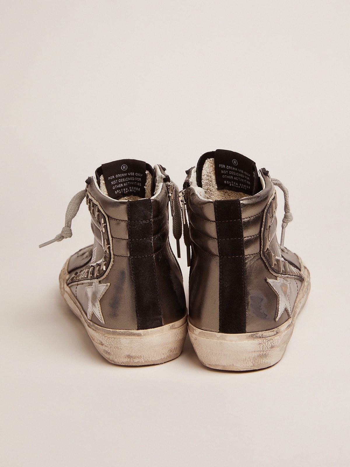 Slide sneakers with silver laminated leather upper and star-shaped studs - 5