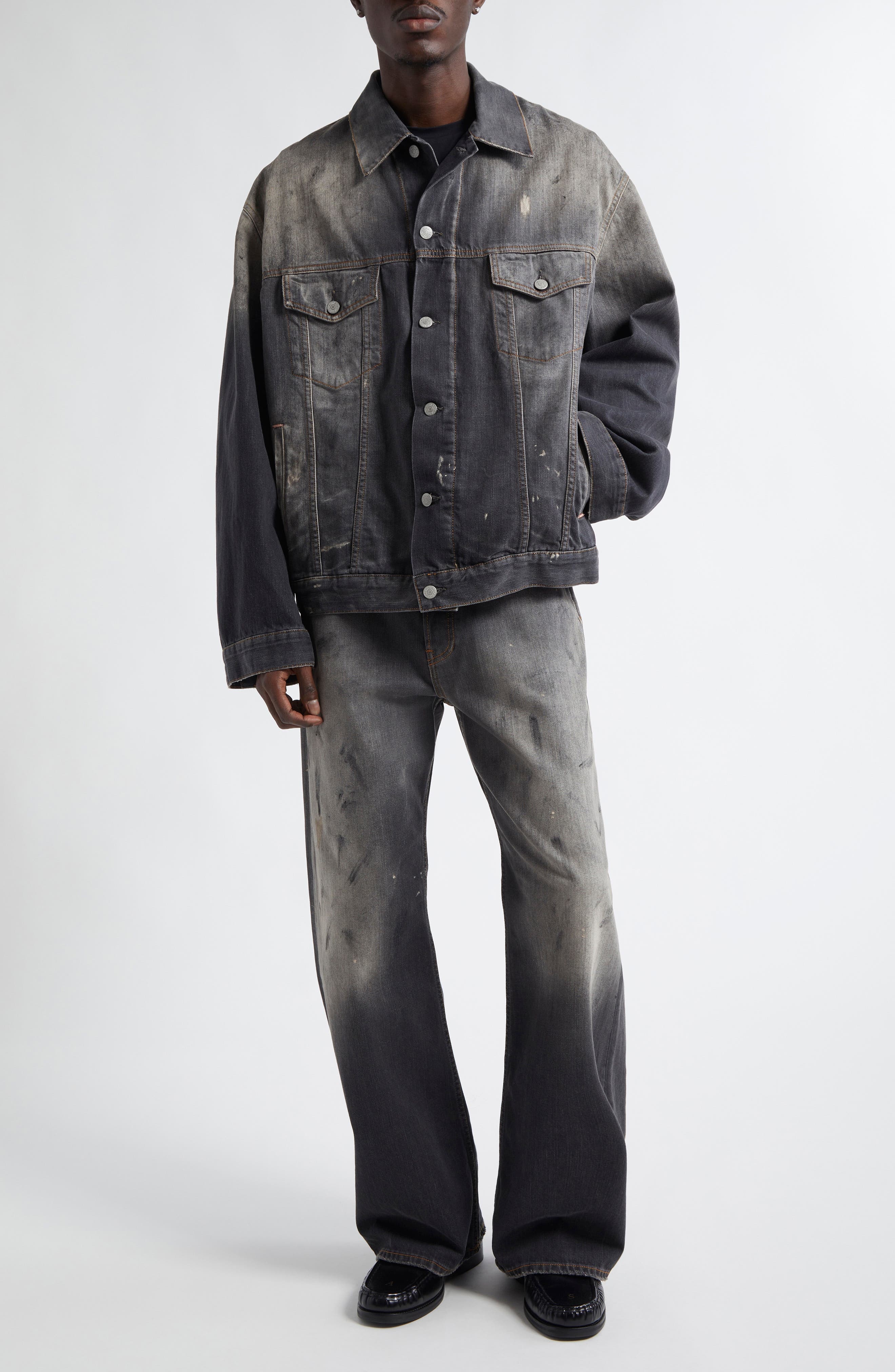 Acne Studios Oversize Paint Smudged Denim Jacket in Black at Nordstrom - 2
