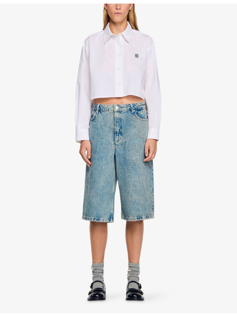 Sandro Distressed Wide-Leg Denim Bermuda Shorts outlook