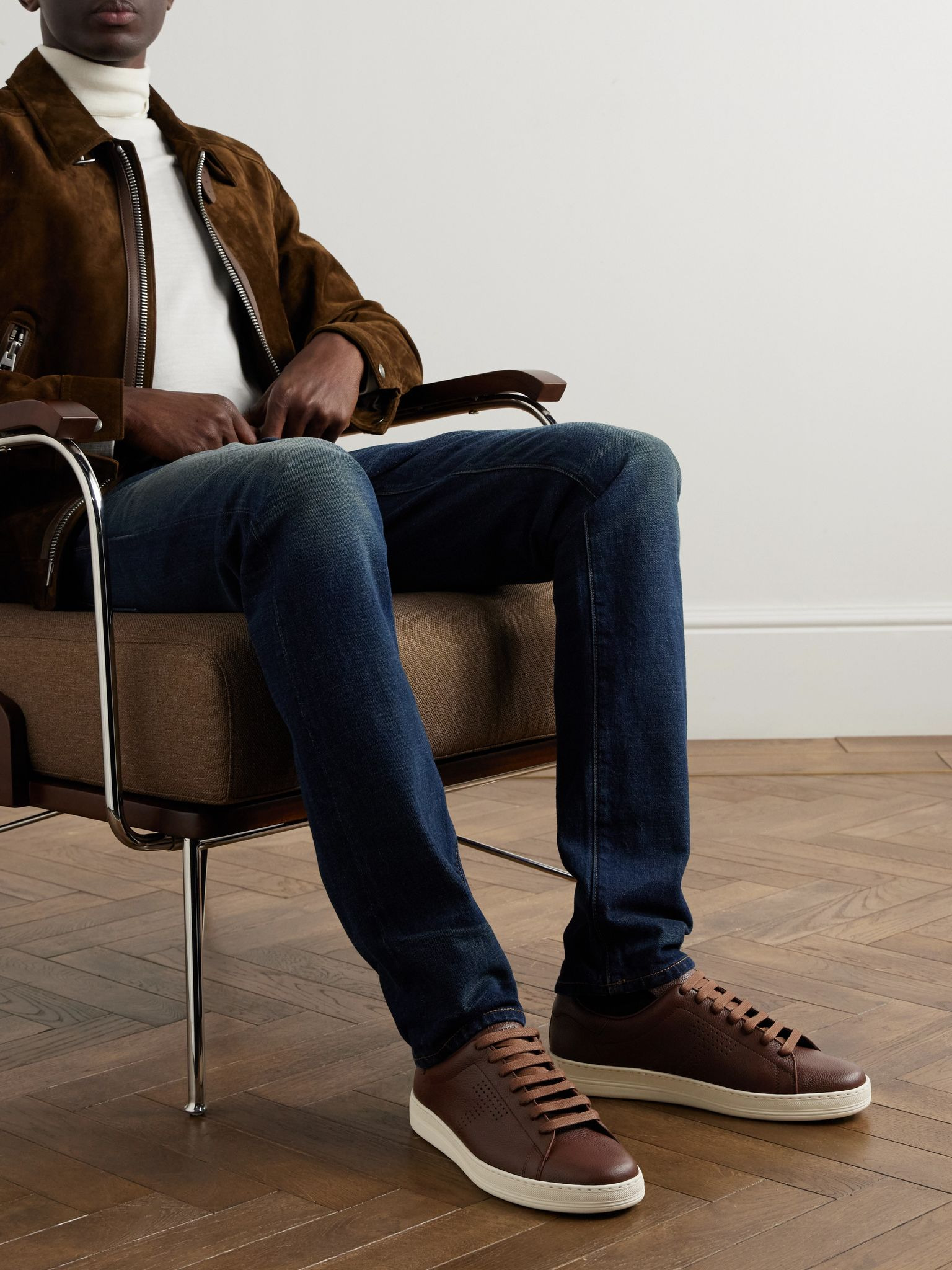 Warwick Perforated Full-Grain Leather Sneakers Brown - 2